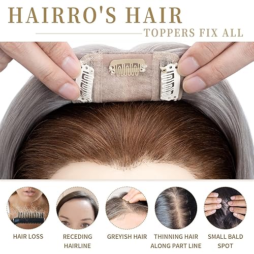 Miniatura 110 de Hairro 100% Real Human Hair Toppers for Women No Bang, Clip in Real Hairpieces, Breathable Silk Base for Covering Greyish Thinning Hair Loss on Top