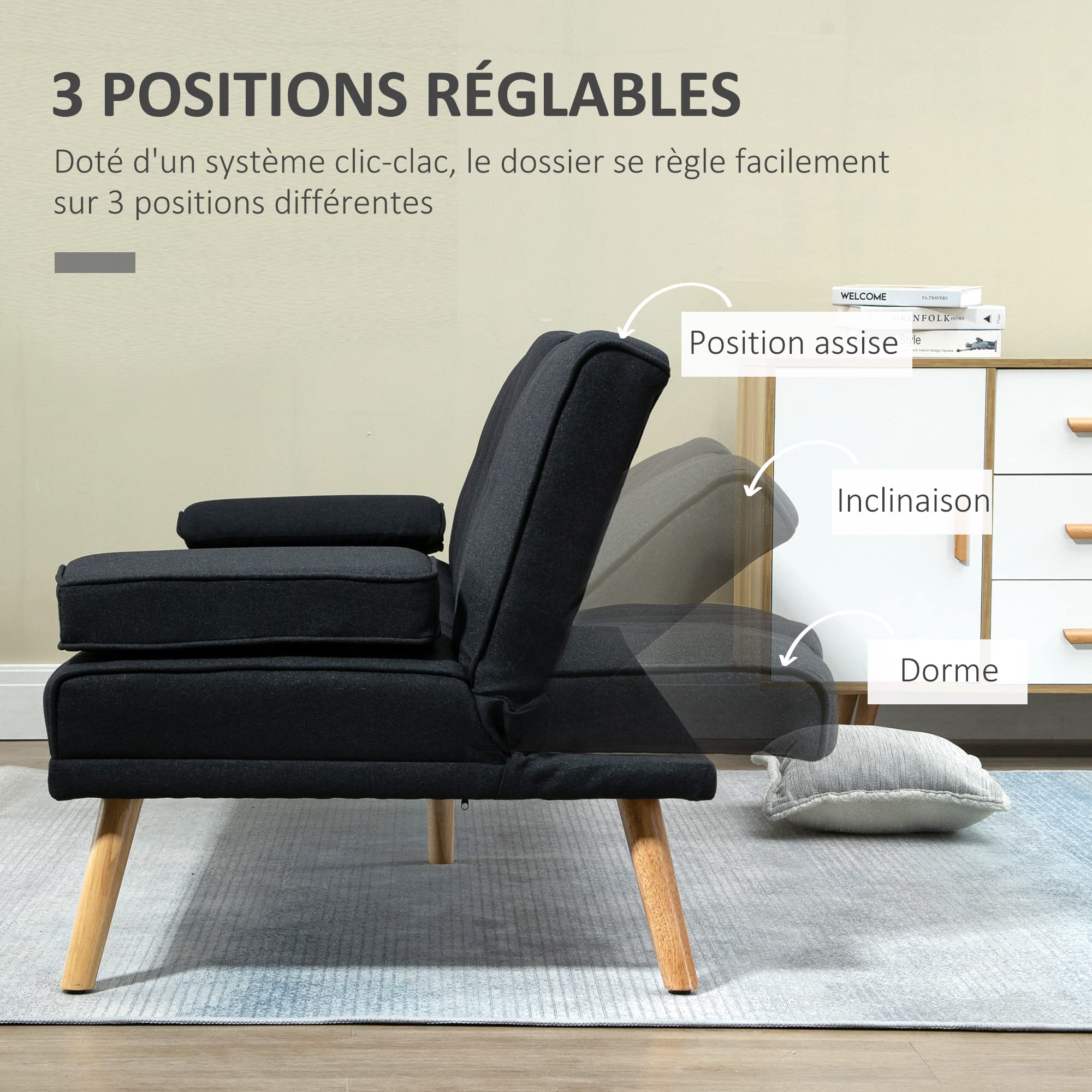 HOMCOM Canapé Convertible 3 Places, canapé-lit rembourré avec Dossier réglable 3 Niveaux, 2 Coussins et 2 Porte-gobelets intégrés, Tissu de Lin, pour Salon, Chambre d'amis, Petit Espace, Gris