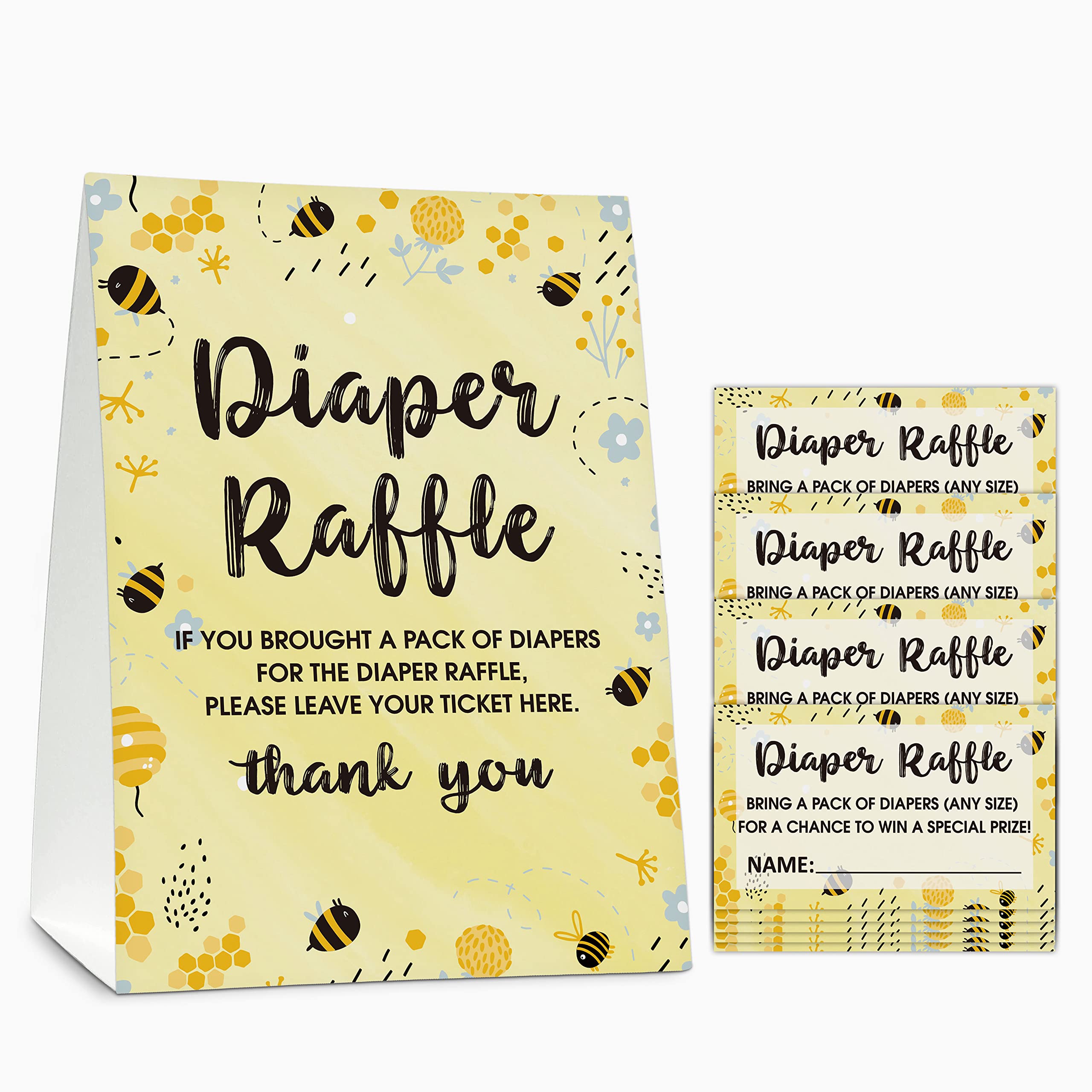 Gihyan Diaper Raffle Baby Shower Game Set(1 Standing Sign + 50 Finding Cards), Bumble Bee Diaper Raffle Tickets for Baby Shower, Honey Honeycomb