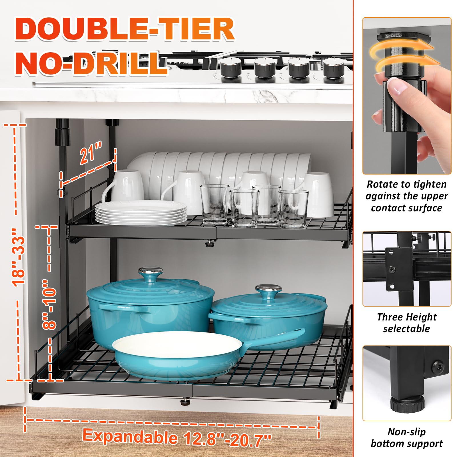 Adjustable 2-Tier Pull Out Cabinet Organizer, Expandable 13