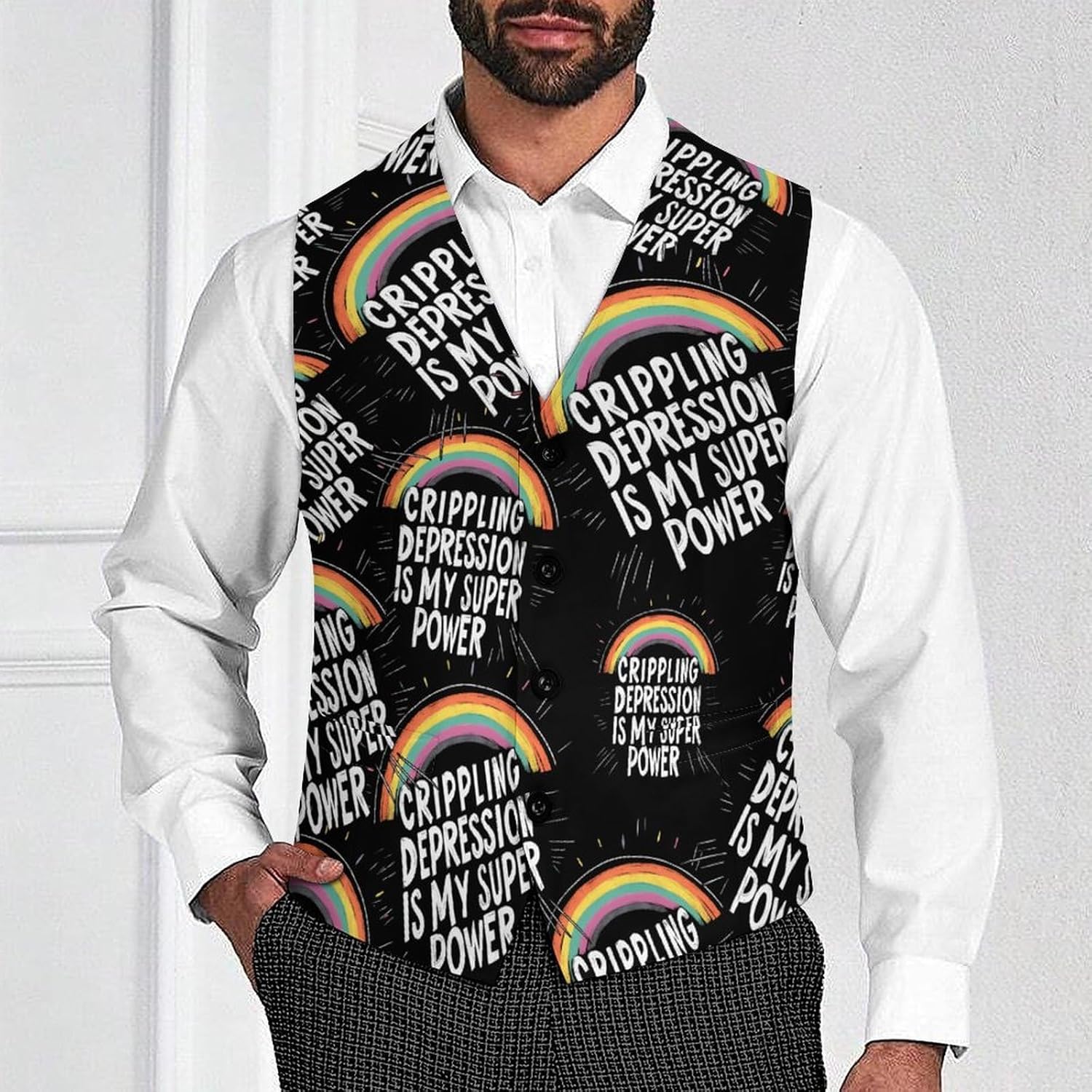 Crippling Depression Is My Super Power Suit Vest for Men Casual Business Tuxedo Slim Fit Suit Vests Lightweight Waistcoat