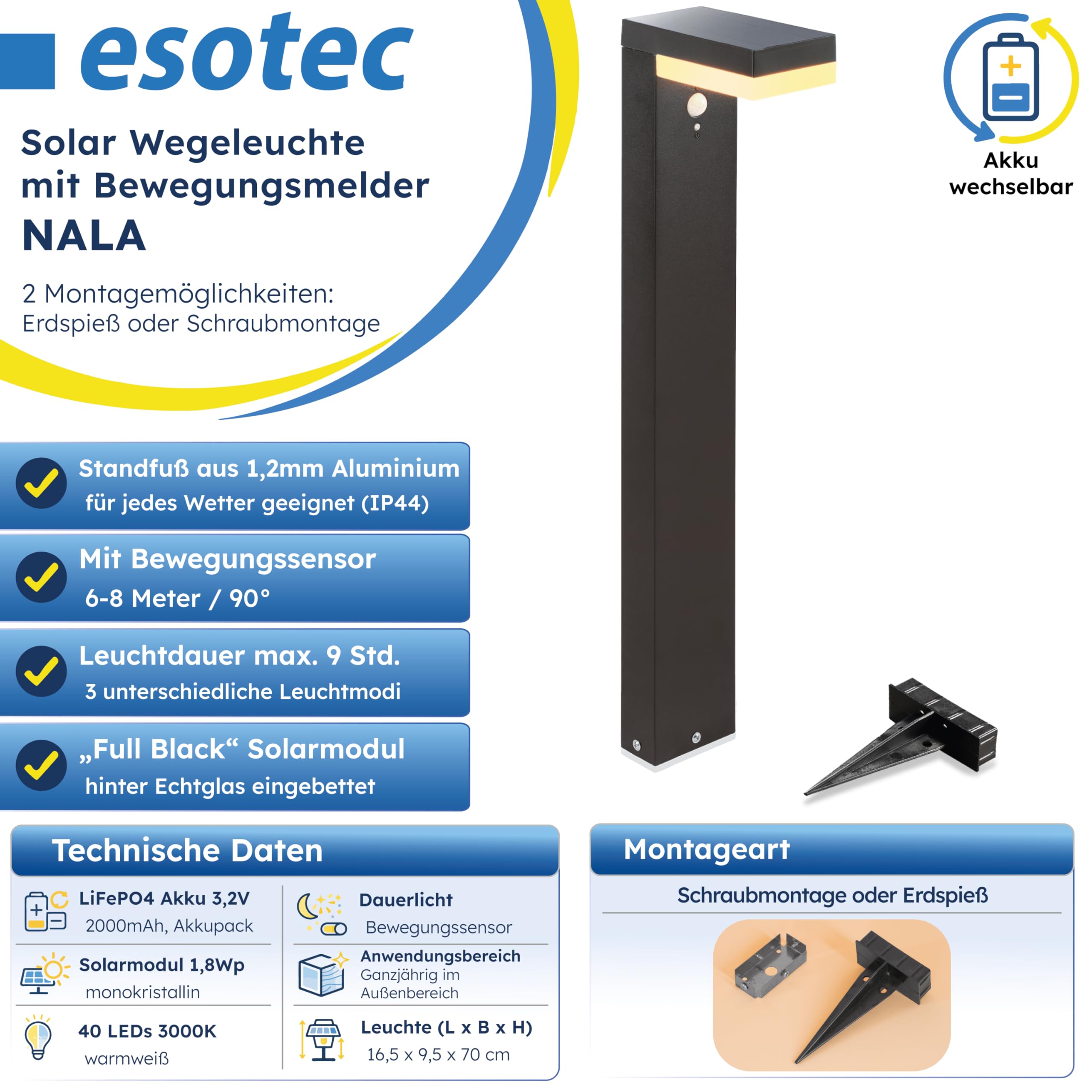 esotec Solar Wegeleuchte mit Bewegungsmelder Nala, H=70cm Außenleuchte, warmweiß 3000K, wechselbarer LiFePO4 Akku 102932