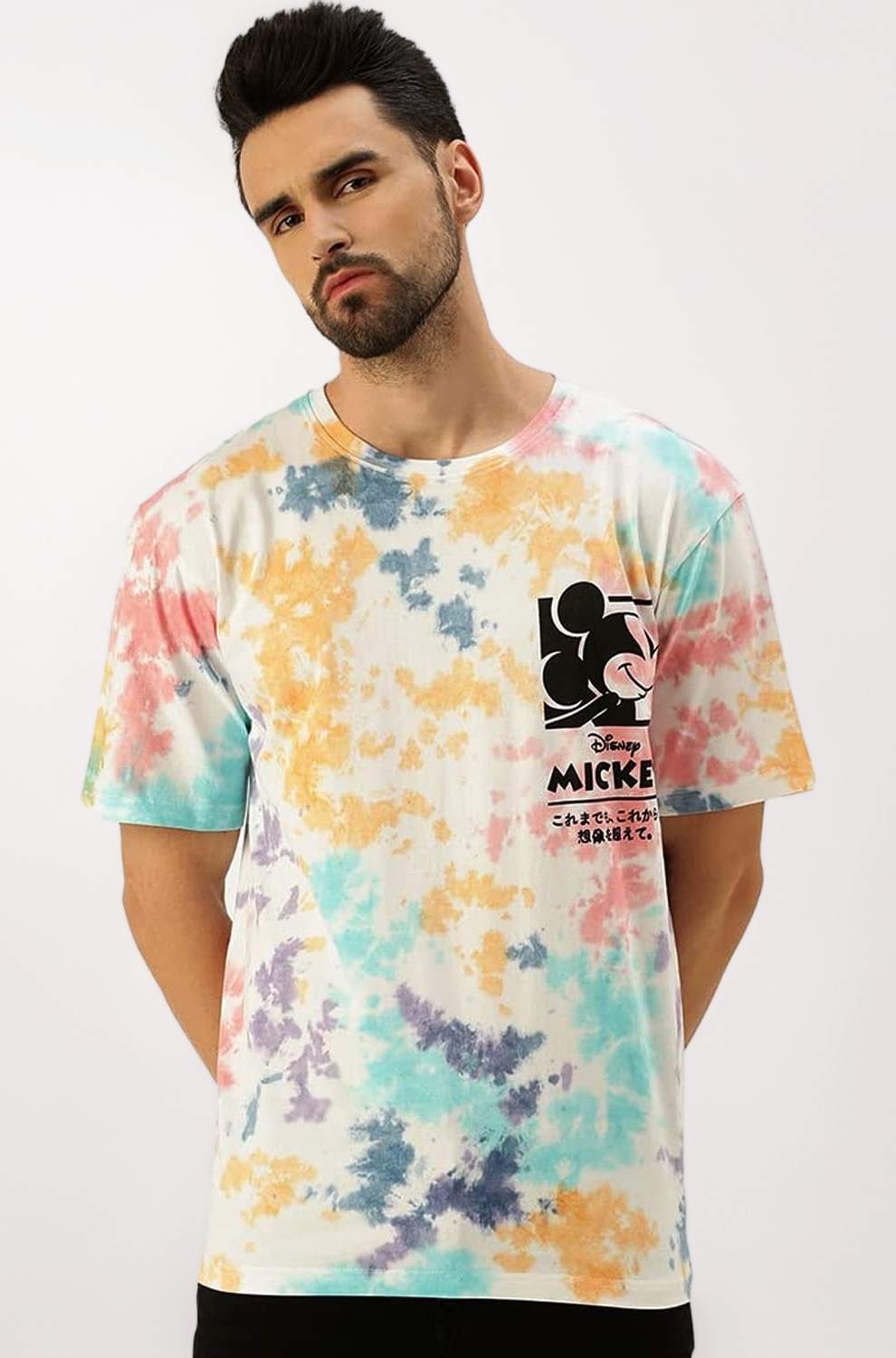 Multicolour Pure Cotton Official Disney Merchandise Srop Shoulder Tie-Dye Oversized Baggy Fit with Mickey Mouse Print Round Neck Half Sleeve T-Shirt for Men & Boys (Sizes: S to 2XL)