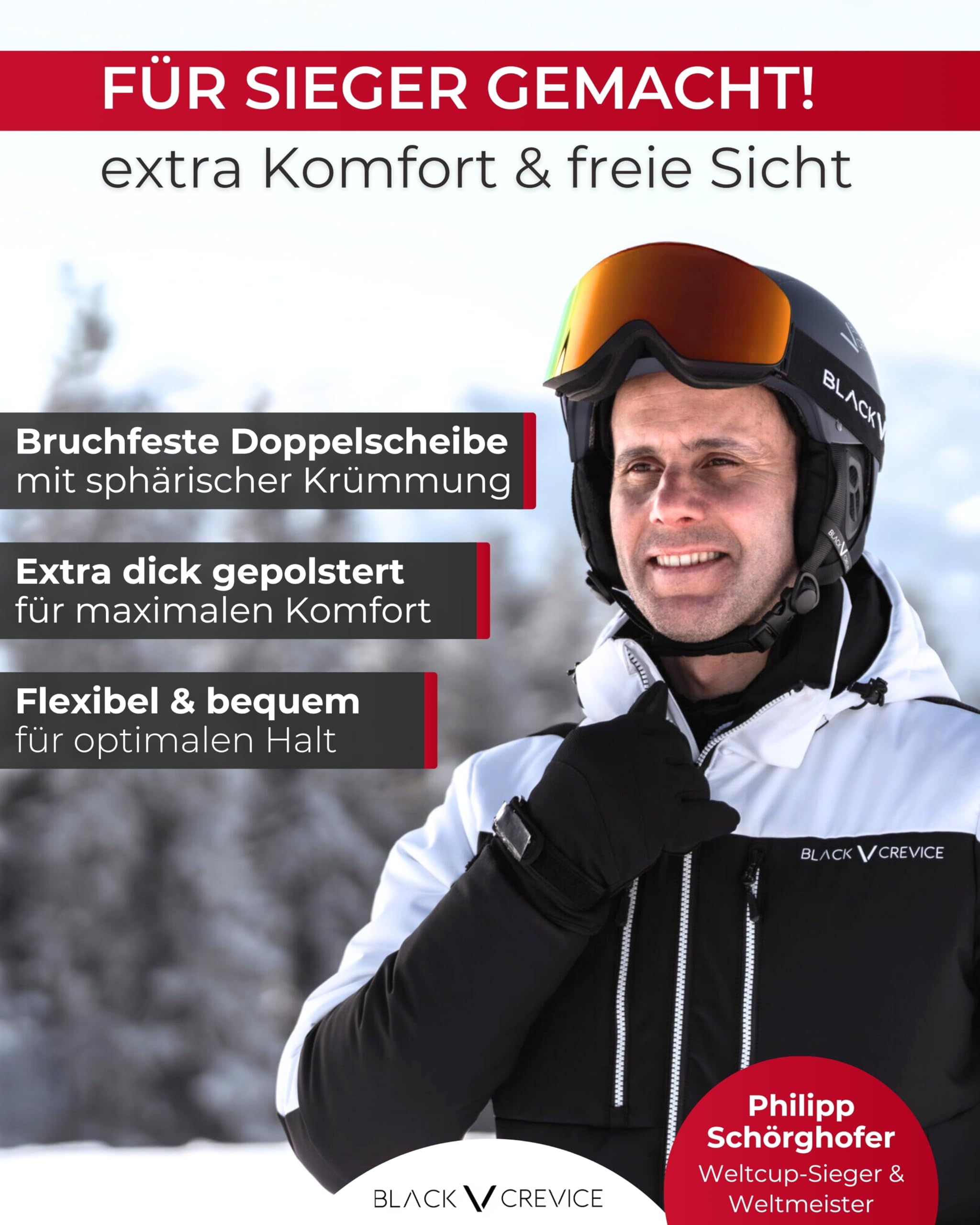 Black Crevice Skibrille I Unisex Skibrille mit rahmenlosen Design I Herren & Damen Skibrille mit UV 400-Schutz I Snowboardbrille mit sphärischen Gläsern I Verspiegelte Schneebrille