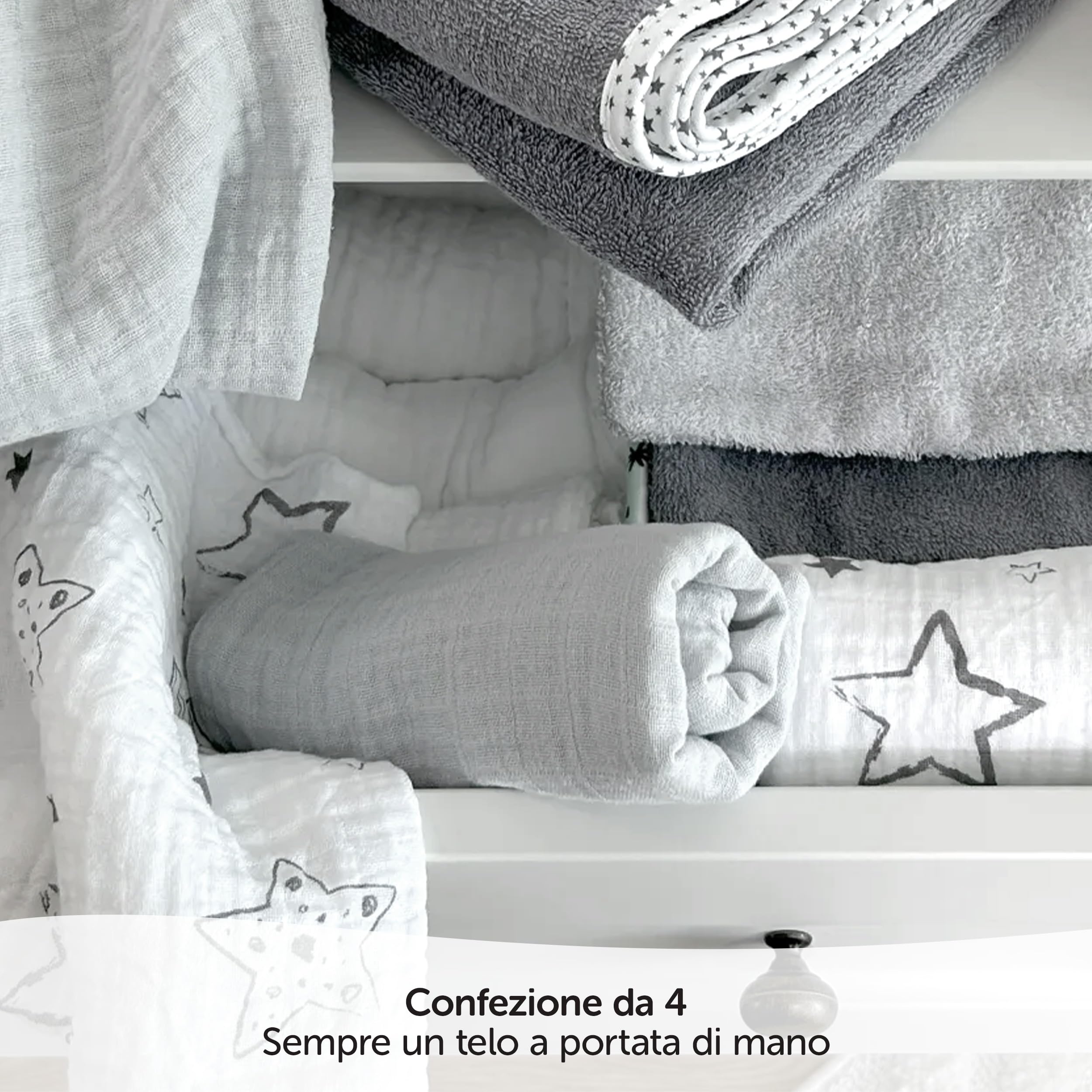 Teli Mussola Neonato 70x70 cm 4 Pezzi Oeko-Tex Standard 100 Stelle Grigio