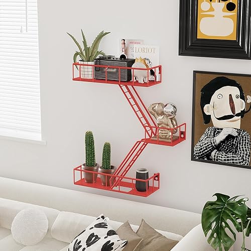 Miniatura 4 de Estante de pared de escalera de escape de incendios de metal, estantes de pared de escape de incendios rojos de 3 niveles con cestas, estante de
