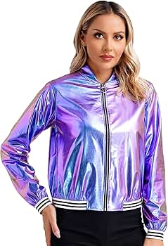 Amazon.com: Linjinx Women's Shiny Holographic Zip Up Bomber