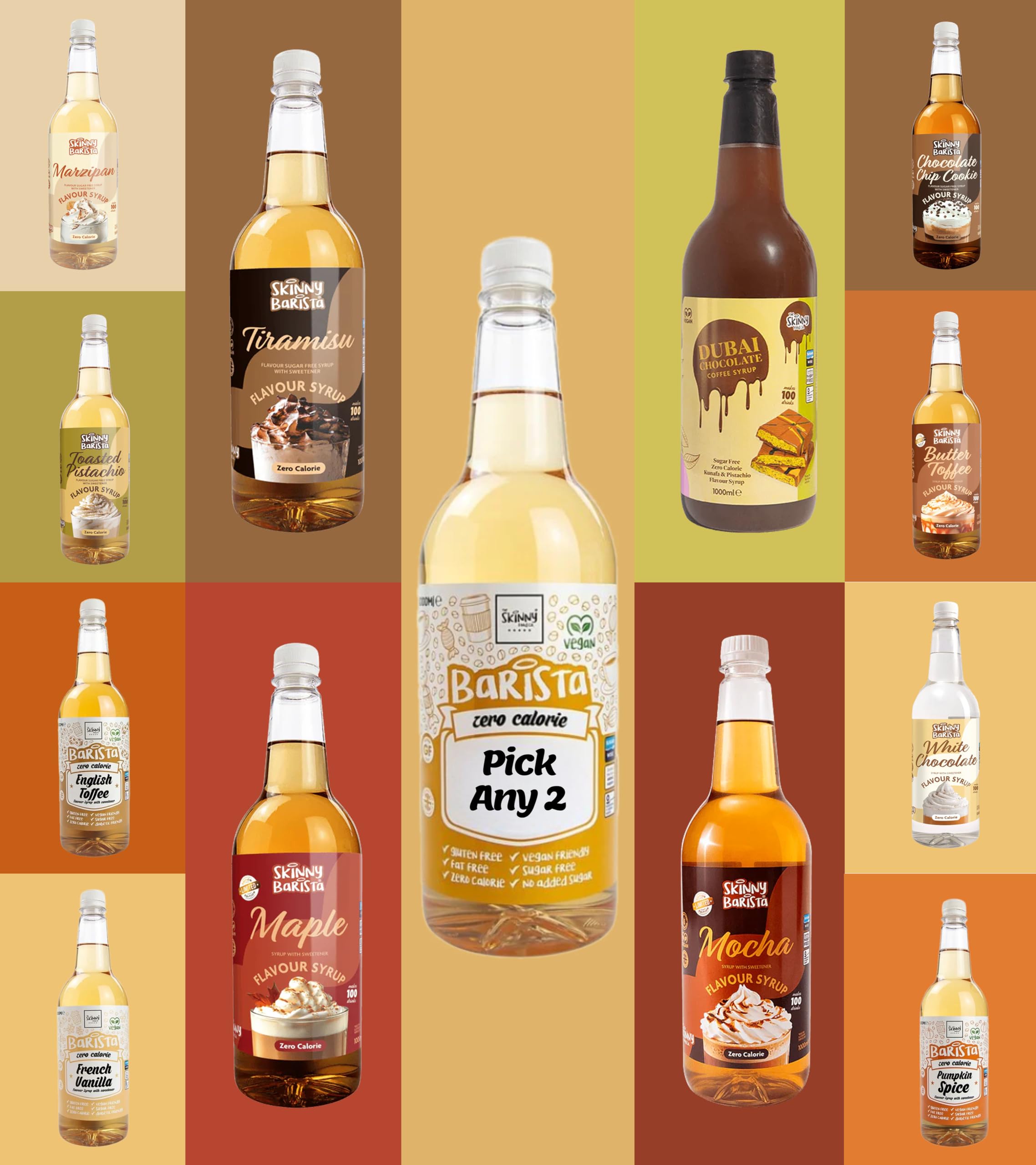 The Skinny Food Co. Coffee Syrup - PICK ANY 2 Bottles - 2x 1 litre - Barista Syrup Flavours, Zero Calorie, Vegan, Gluten Free, Fat Free. No Guilt Sugar Free