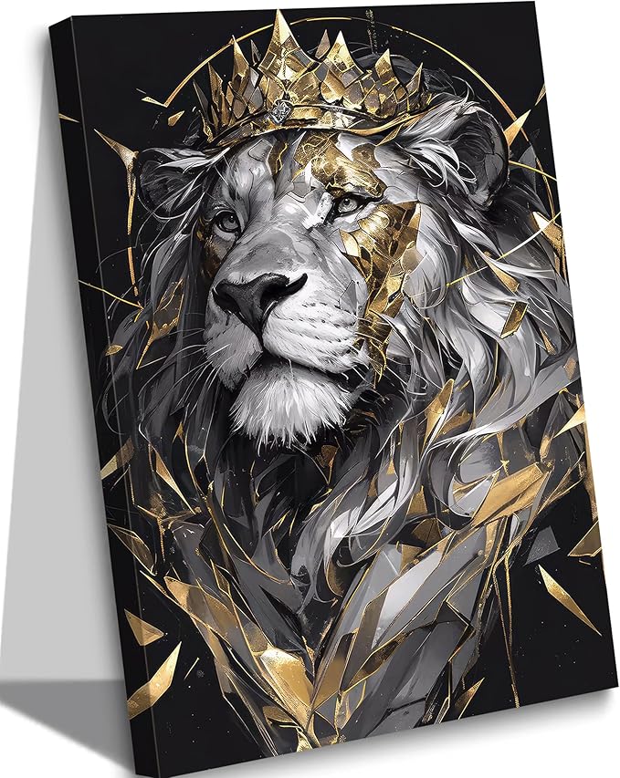 Lion King Canvas Wall Art Man's Cave Poster Prints Crown Lion Pictures Modern Abstract Black Gold Animal Painting Wall Decor Living Room for Men's Bedroom Office 12x16in Framed