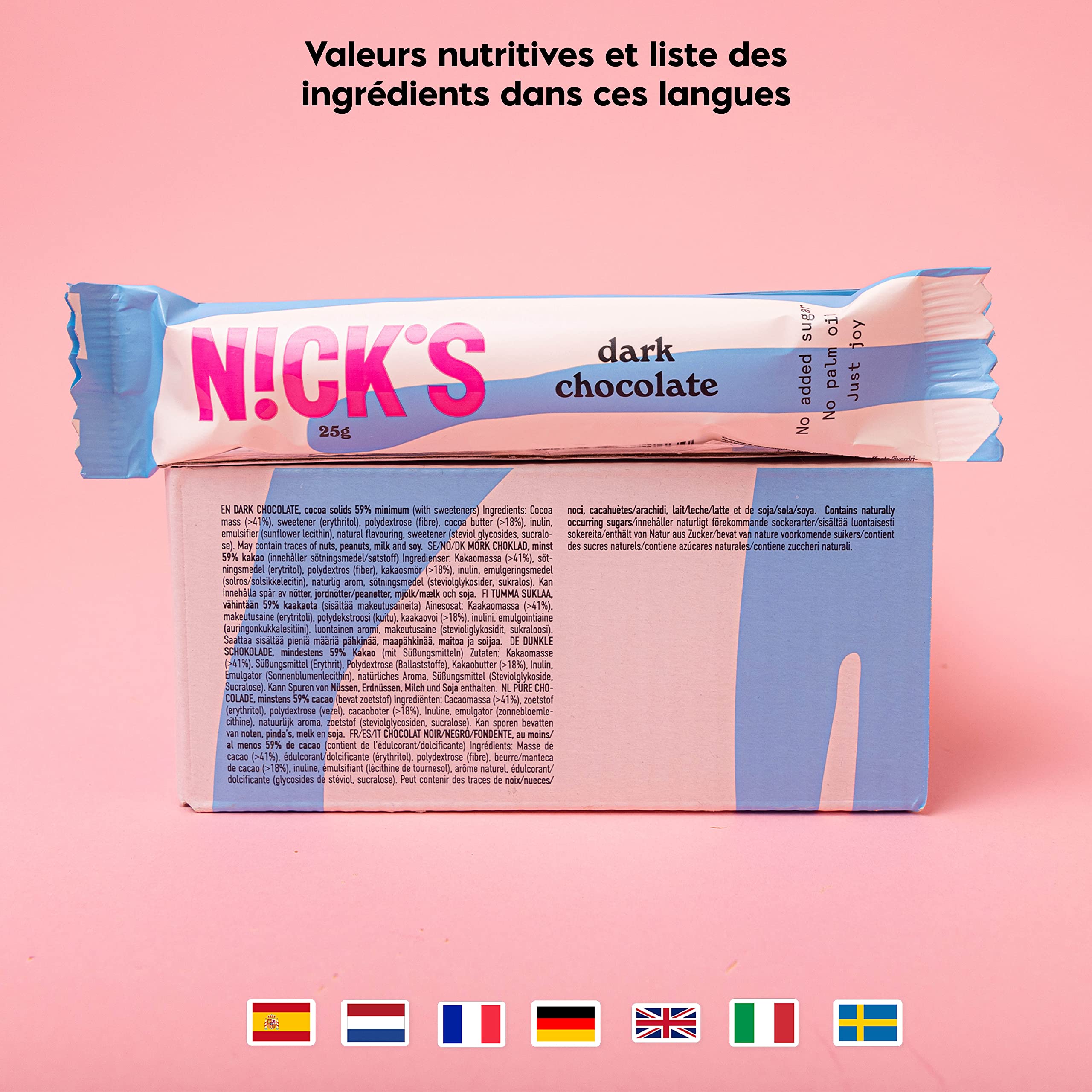 NICKS Barre Keto Chocolat Noir Sans Sucre Ajouté, Vegan, Sans Gluten, Sans Huile De Palme, Low carb |107 kcal,1g Net carbs (15 x 25g)