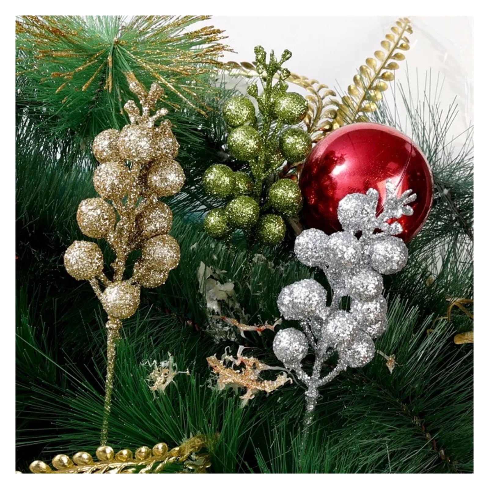 Ramo de ramas con bayas artificiales, Ramas de bayas acebo con purpurina artificial, multicolor, 23,5 cm, paquete 2 a 50 unidades