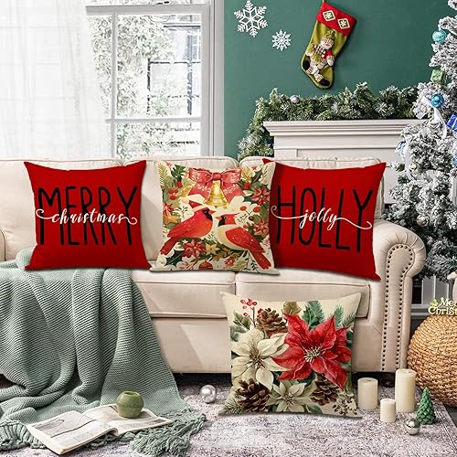Miniatura 3 de Holly Jolly - Juego de 4 fundas de almohada de 18 x 18 pulgadas, diseño de flor de pascua cardenal y bayas rojas, fundas de almohada para decoración