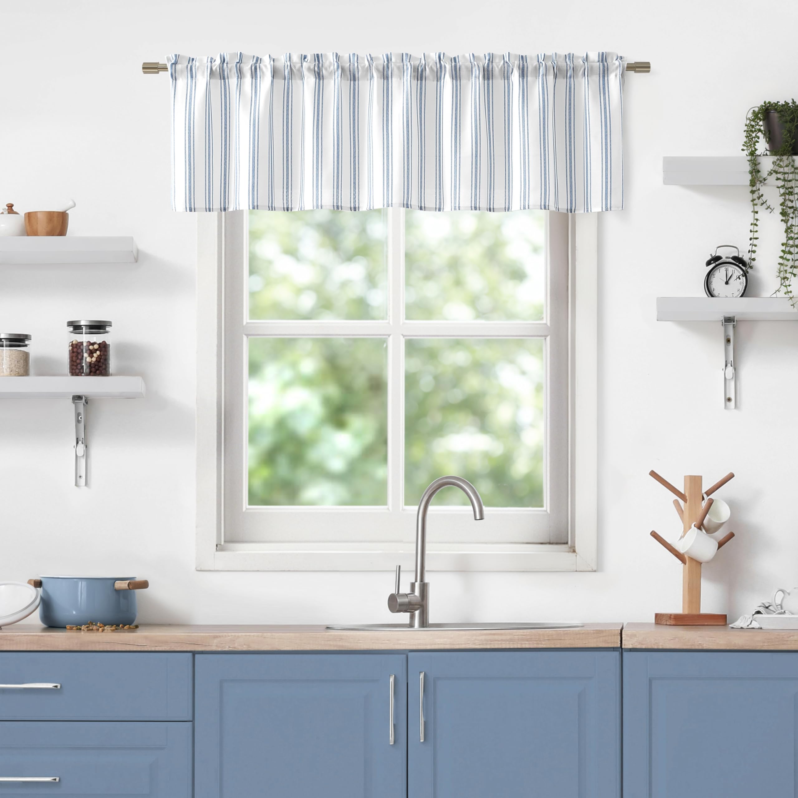 ZJDECOR Cotton Blended Kitchen Curtain Valances for Window,Blue Vertical Stripes on White Light Filtering Cafe Curtain for Home Decor,Farmhouse Window Treatment,Rod Pocket,55" Wx15 L(Pack of 1)