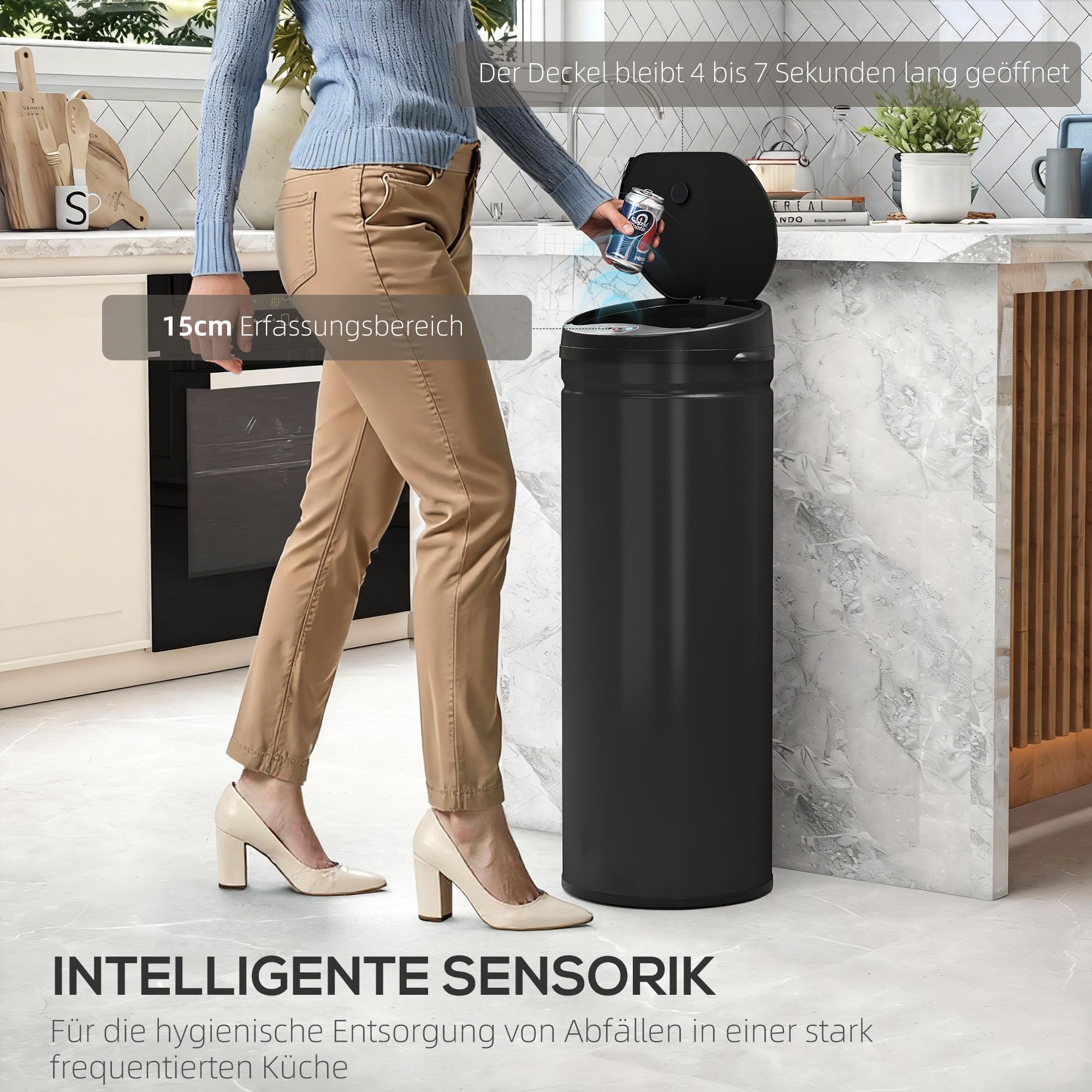 HOMCOM Cubo sensor 50L Soft-Close Automático Sin contacto Negro | Sensor de movimiento, acero inoxidable resistente a huellas, cocina higiénica, uso en oficina en casa