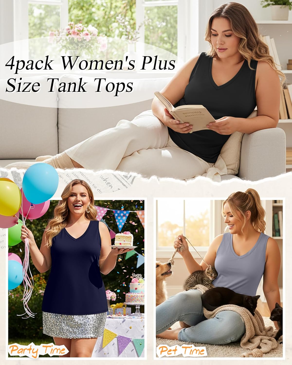 Ficerd 4 Pack Women's Plus Size Tank Tops, Casual V Neck Sleeveless Shirts Ladies Flowy Dressy Tunics Work Tees - Image 4