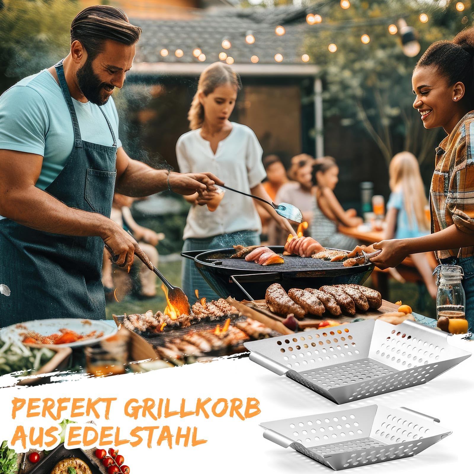 Geiserailie Grillkorb 2er-Pack M/L (20,5x24,5x4cm/ 31x26x6cm) Grillschale aus Edelstahl für Gemüse Fleisch Fisch Gas- Elektro- Holzkohlegrill Spülmaschinenfest Rostfrei