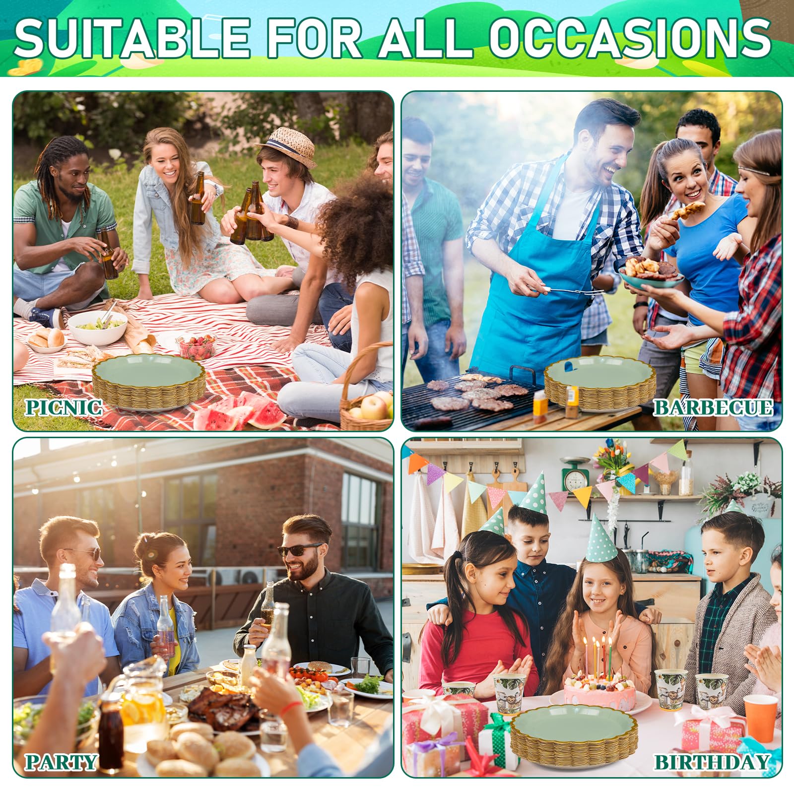 Lot de 200 assiettes jetables en carton vert sauge de qualité supérieure - Assiettes festonnées - Assiettes de service en vrac pour anniversaire, jardin, thé, fête prénatale, mariage - 17,5 cm