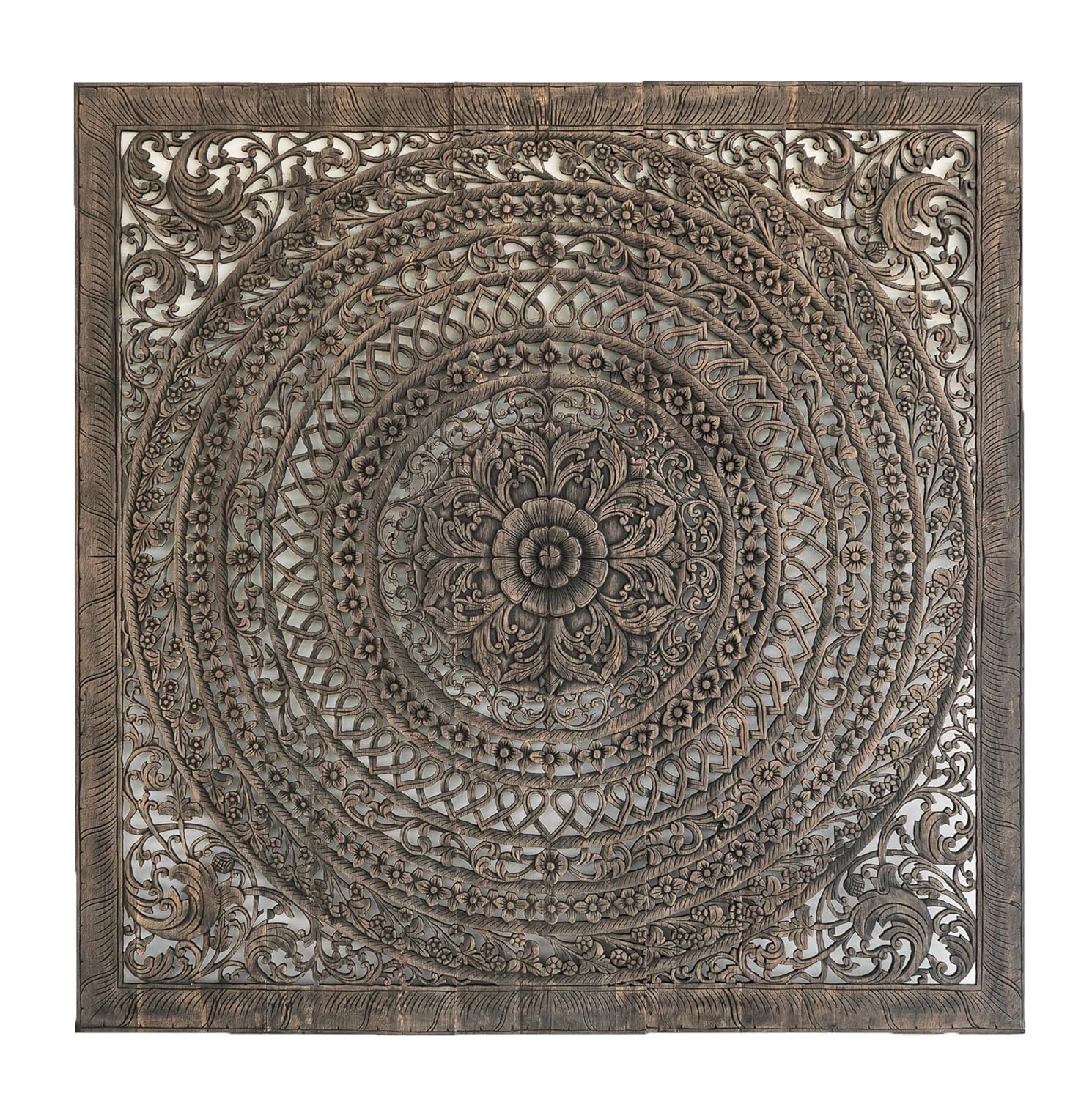 Siam Sawadee Moroccan King Wood Carved Headboard, Reclaimed Wall Art Hanging in Teak, Wooden Panels Handcrafted from Thailand, Rustic Black Finish, 80 inches