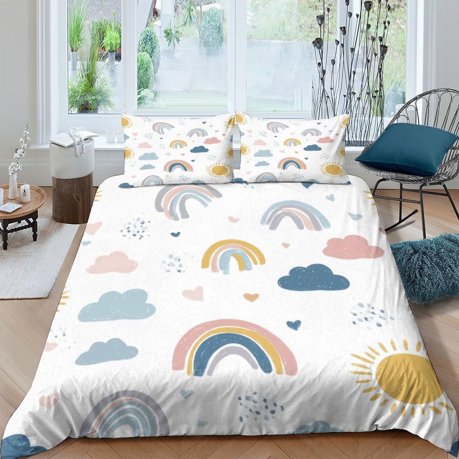 Ctjqhvkz Style-9 3D Printed Rainbow Cloud Fitted Sheet Microfiber Soft Pastel Sun Mattress Cover For Bedroom Guest Room Decor Single（135X200cm）