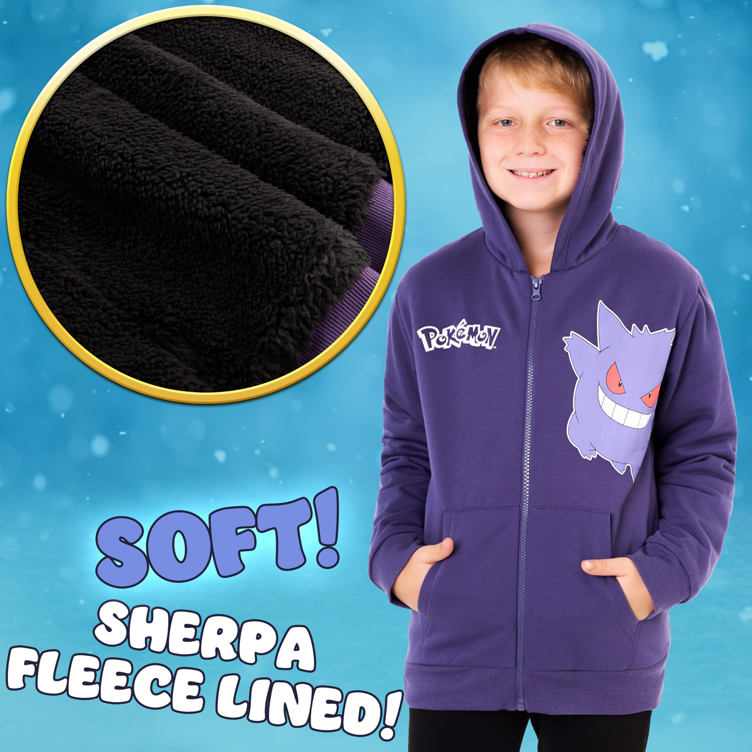 Pokémon Sudadera Cremallera Niños 7-14 Años, Pikachu Charizard Mewtwo Gengar, Chaqueta Capucha Forro Polar, Regalos Anime