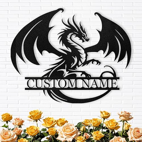 Arte de pared de dragones personalizado, decoración de dragón occidental negro, letreros personalizados de apellido para el hogar, decoración
