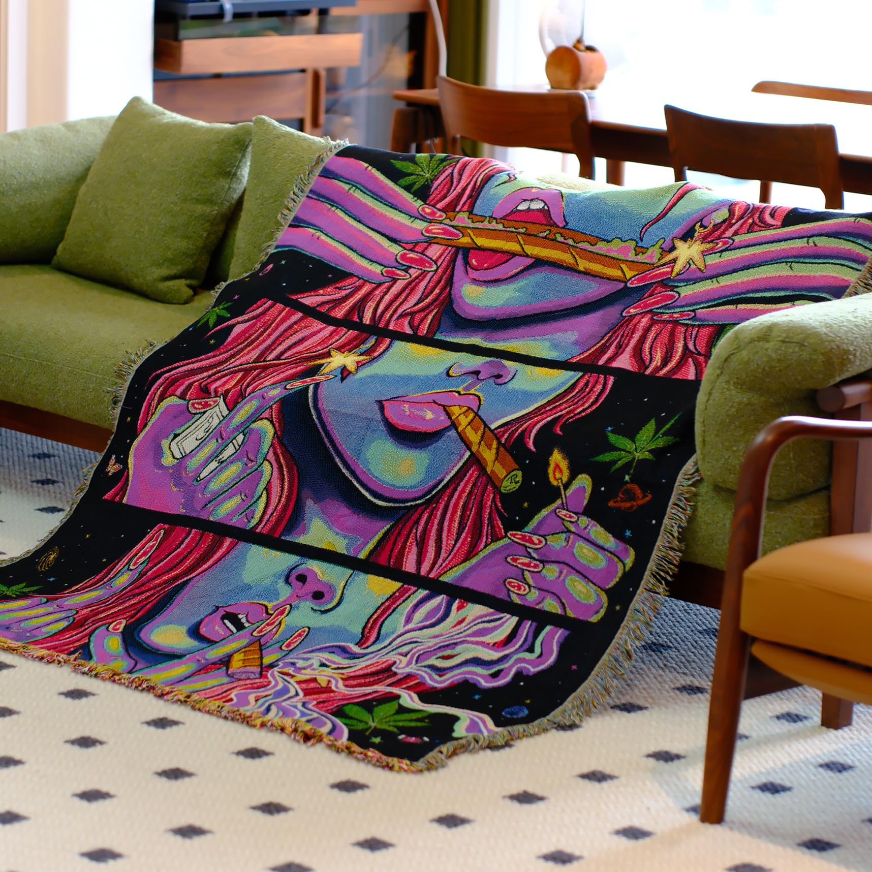 Trippy Throw Blanket for Couch Bed Lounge Chair Hippy Trippy Boho Chair Throw Blanket Hippie Hippy Wall Tapestry Woven Throws Blankets Smoking Weed Accessories Marijuana Cannabis Boho Room Decor 51x59