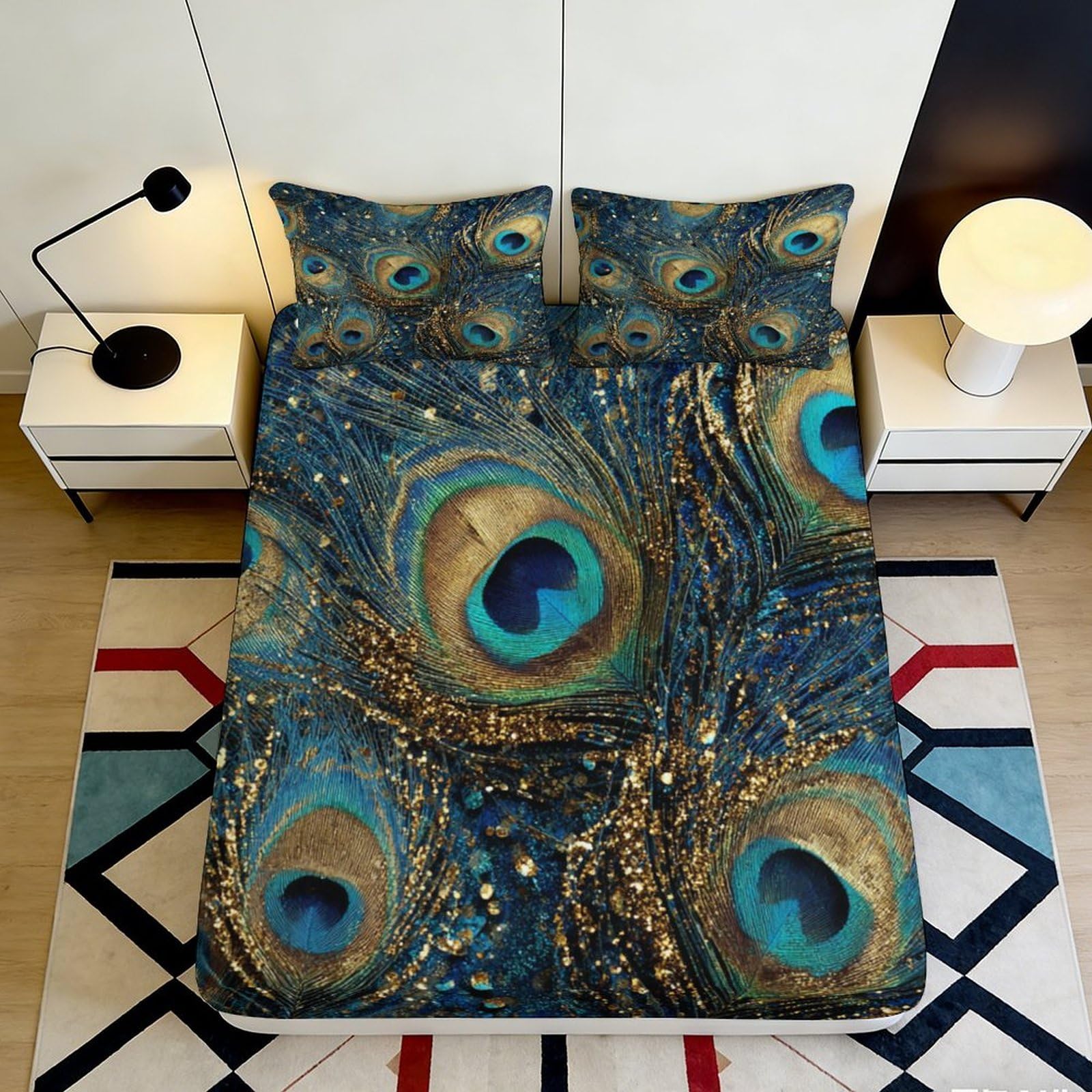 Uynsixtme Style-1 3D Printed Peacock Feather Fitted Sheet Microfiber Deep Pocket Non-Slip Bedding Set Peacock Feather Mattress Fitted Cover For Bedroom Adult 200X200x25cm