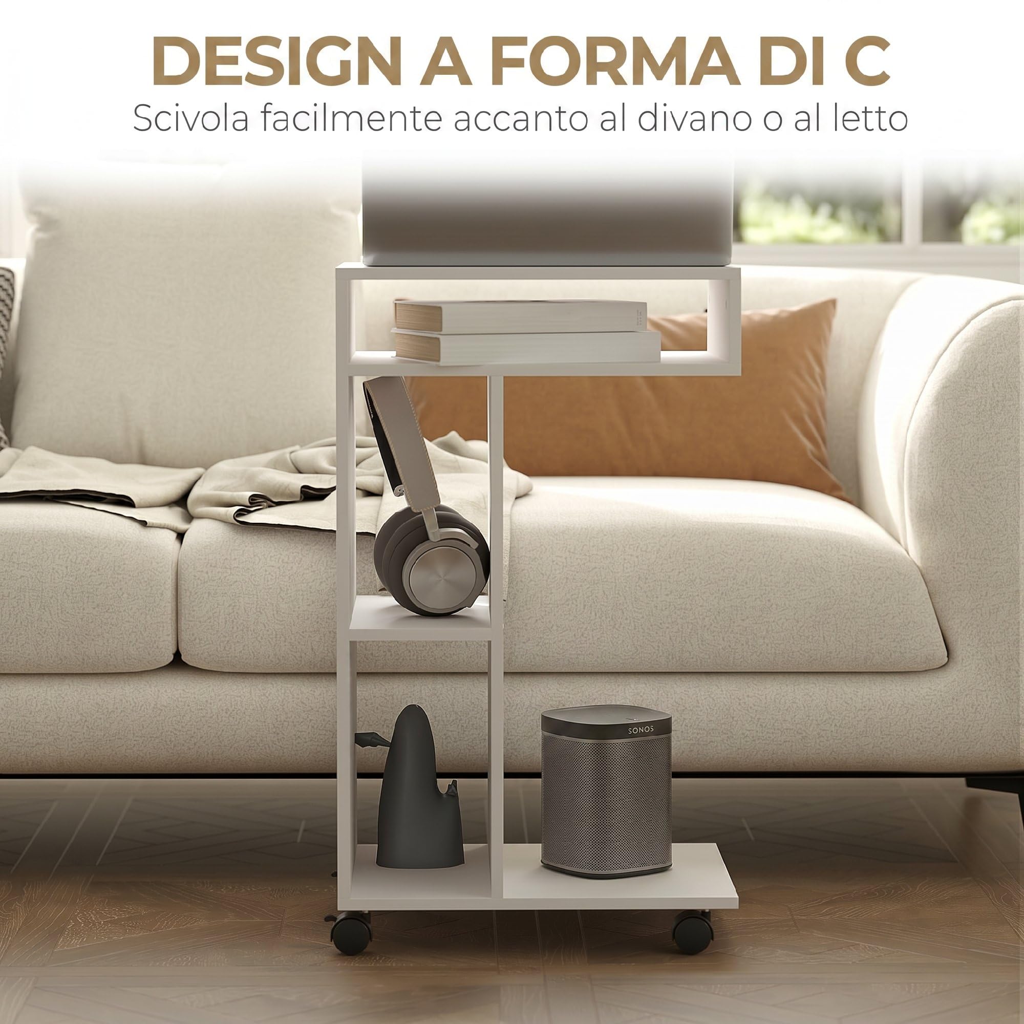 HOMCOM Tavolino da Soggiorno con Rotelle per Divano 40x30x69 cm Bianco