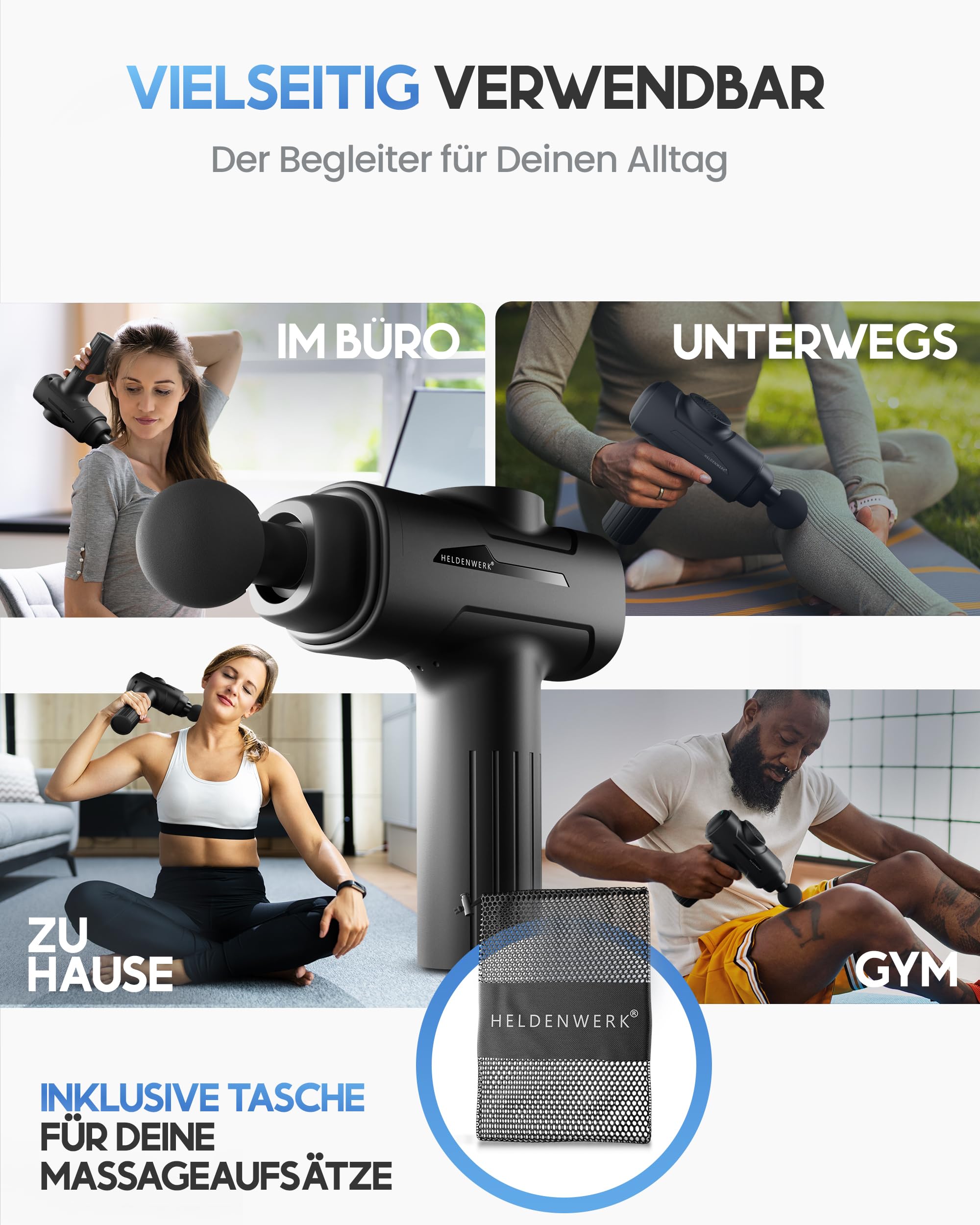 HELDENWERK Pistolet de massage avec 6 têtes de massage et 3200 tr/min I Pistolet de massage musculaire avec connecteur USB-C I Appareil de massage musculaire (gris)