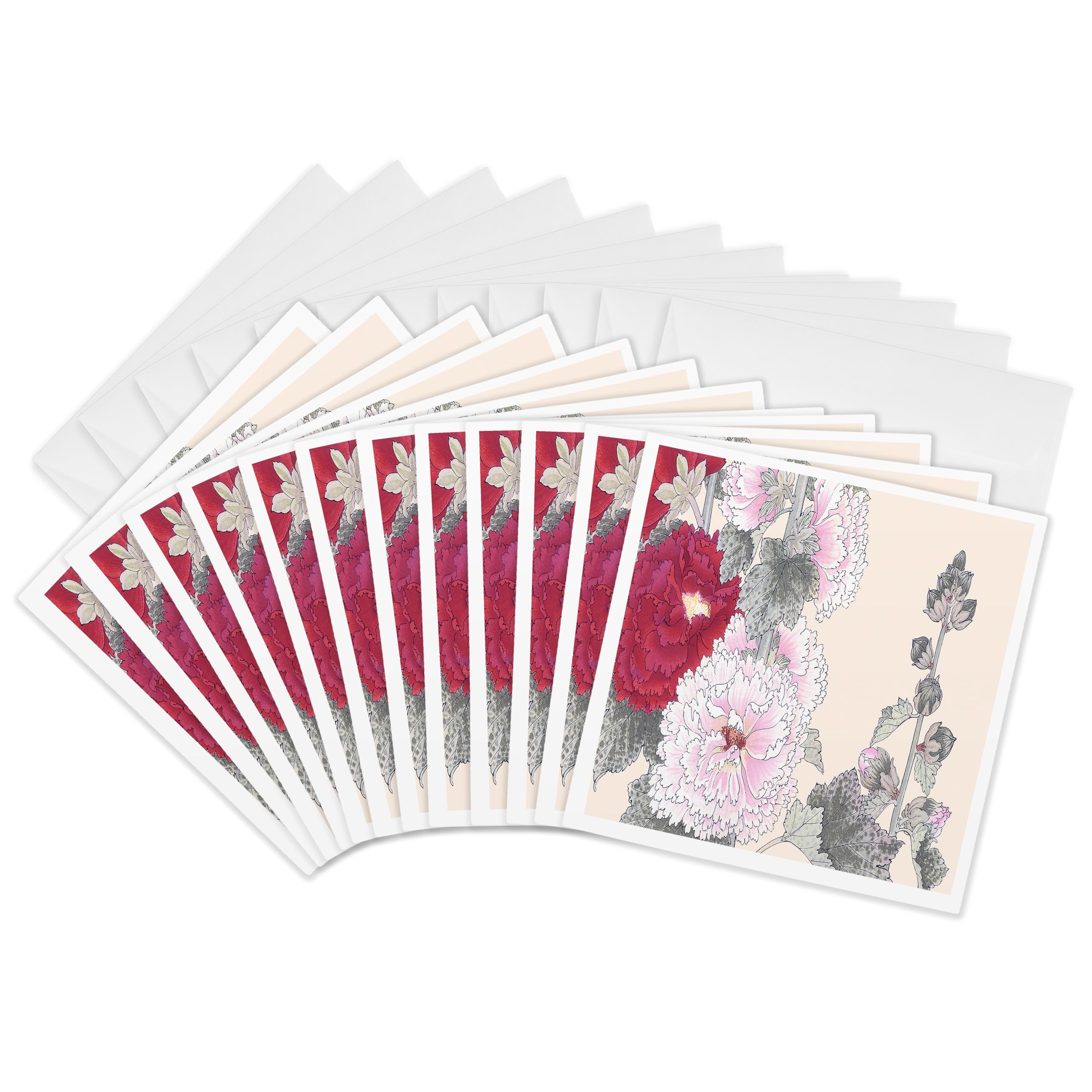 3dRose gc_172957_2 6 x 6-Inch "Old Fashioned Hollyhocks in Pink and Red" Greeting Card (Set of 12)