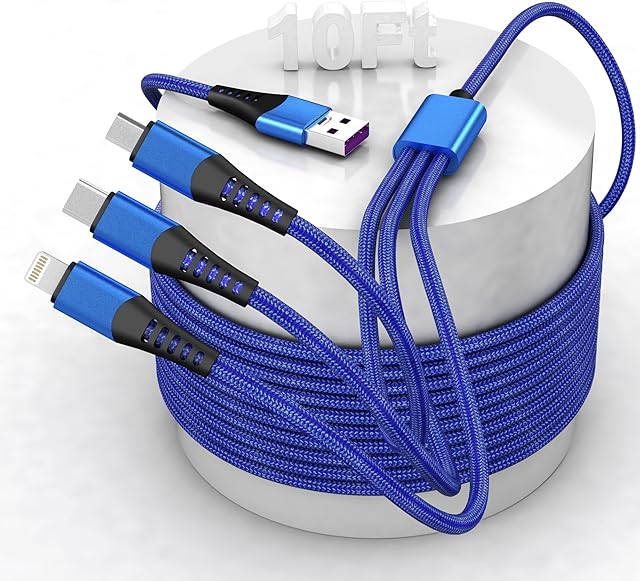 Multi 3 in 1 USB Long Charger Cable, 3M/10Ft Nylon Braided PD 6A Fast Charging Cord, Universal Multiple Ports Charging Cable with USB C/Micro USB/Lightning Connector for Apple/Android/Samsung