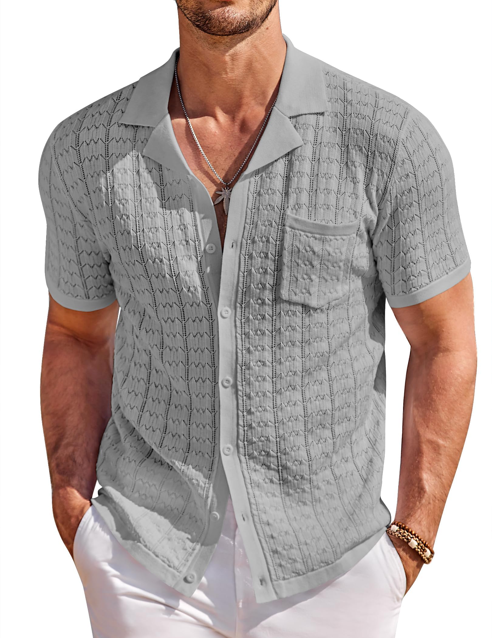 COOFANDY Men's Knit Shirts Short Sleeve Button Down Casual Polo Shirt Summer Beach Vacation Shirts