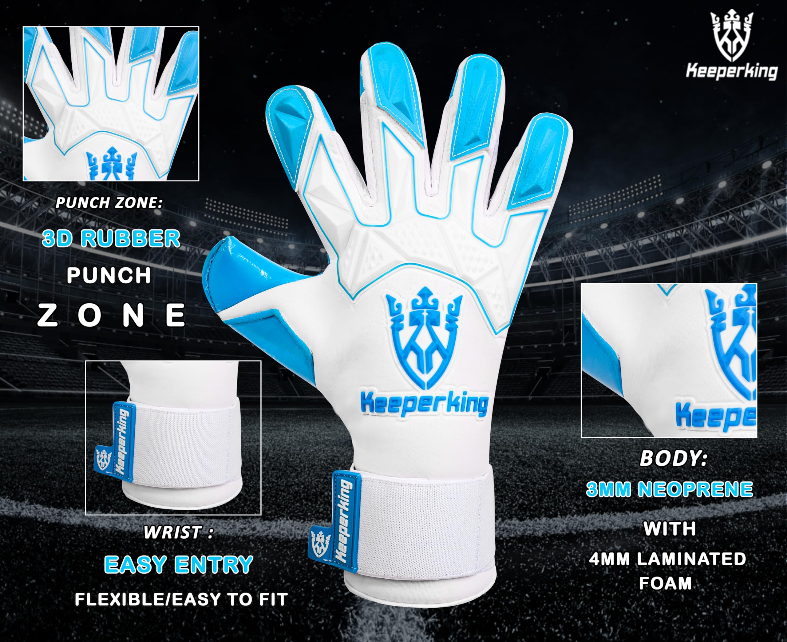 Keeperking Guanti da portiere professionali ibridi con cuciture interne professionali Contact Next Grip, 4 mm, massima aderenza e comfort, con semplice sistema di entrata per guanti da portiere da uomo, adulto, ragazzi