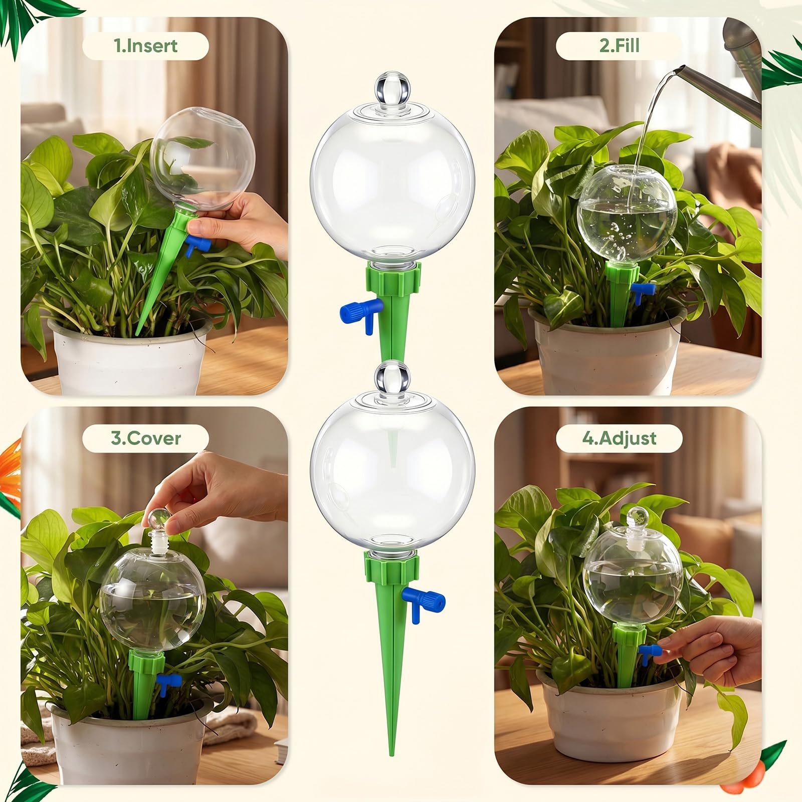 12 sfere autoirriganti per piante da 500 ml, per interni ed esterni, regolabili, in plastica, per riempire le piante, sistema di irrigazione automatica, sistema di punte, paletti (verde)