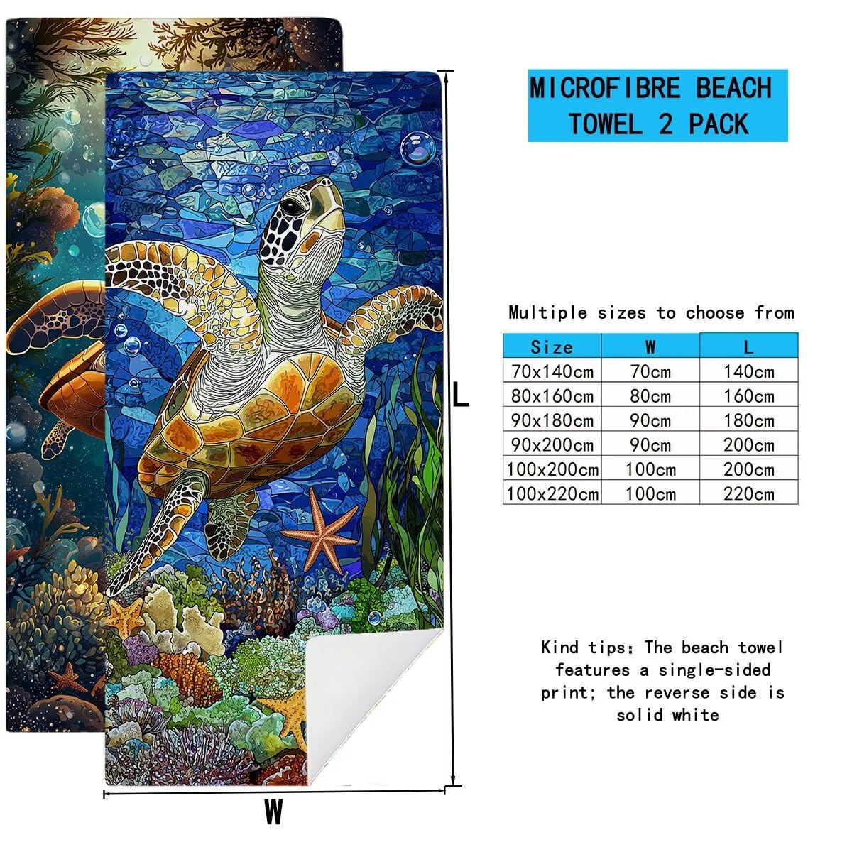 Telo Mare Microfibra, Telo Mare Grande 100x200cm 2 Pezzi, Asciugamano Palestra Donna Asciugatura Rapida, Antisabbia Asciugamano Microfibra, Leggero Asciugamani Palestra per Regalo (Tartaruga) -4444
