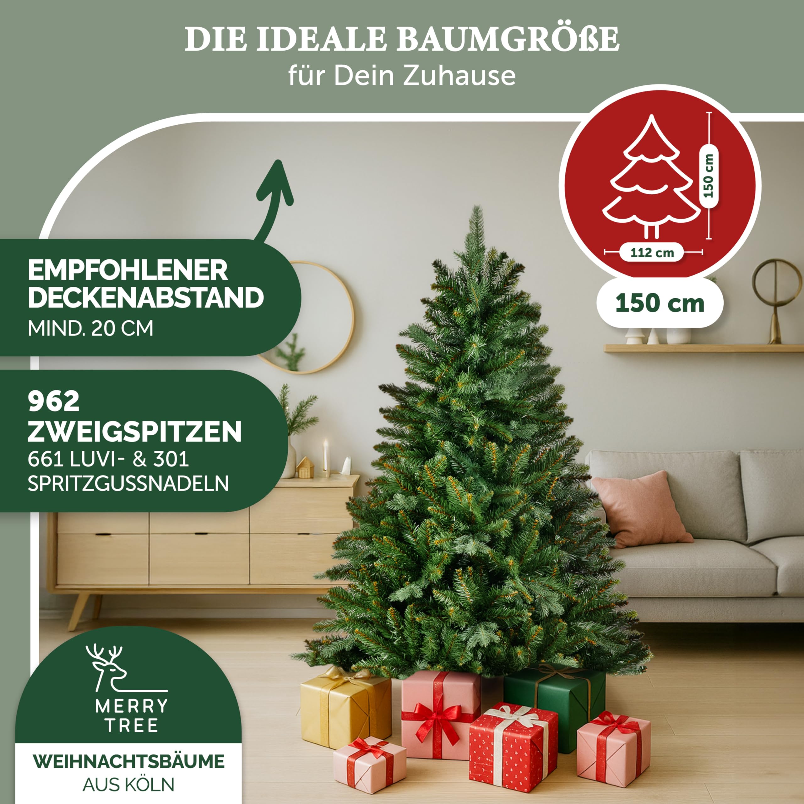 Premium künstlicher Weihnachtsbaum 150cm - Weihnachtsbaum künstlich aus naturgetreuem PE + PVC - Spritzguss und edlem Holzfuß - Nordmanntanne - naturechter Baum Weihnachten - Xmas Tree