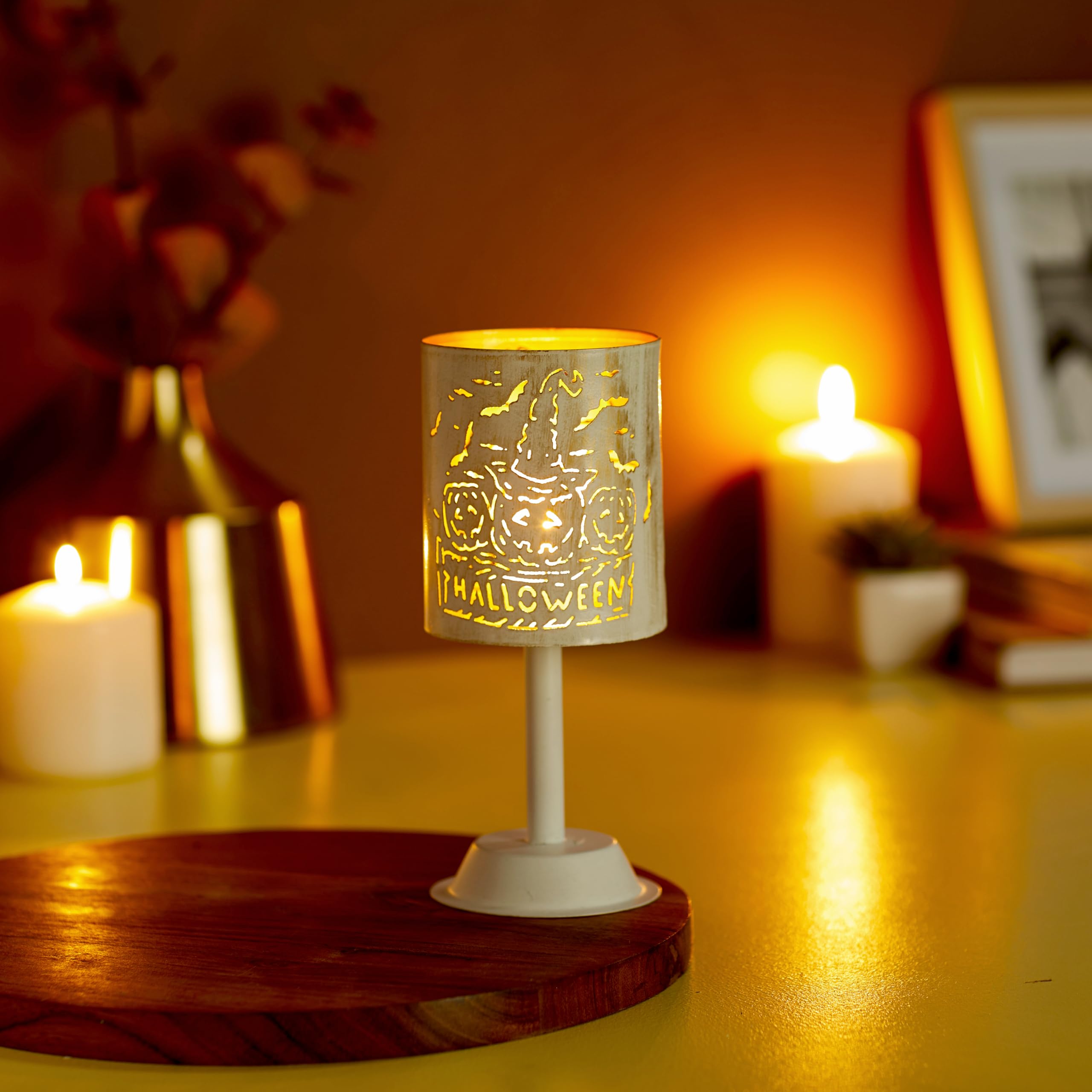 Amazon Brand - Solimo Ornamental Iron Tea Light | Stylish | for Indoors & Outdoors Décor | Cylindrical (White with Gold Texture)-image-47