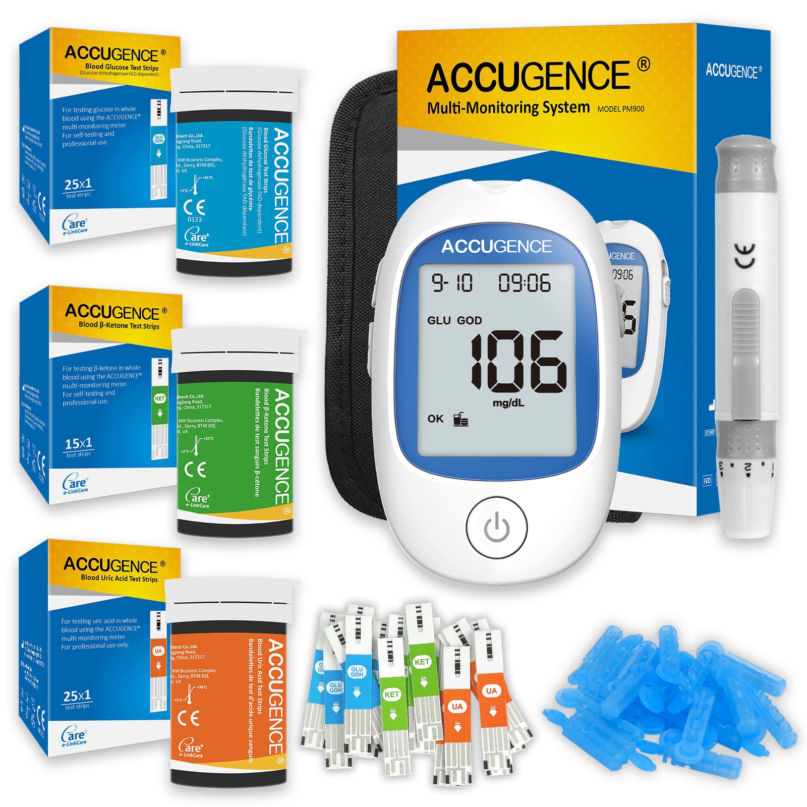 ACCUGENCE 3 in 1 Multifunction Monitor System, with 25 Uric Acid Test Strips, 25 Glucose Test Strips, 15 Ketone Test Strips and Lancets