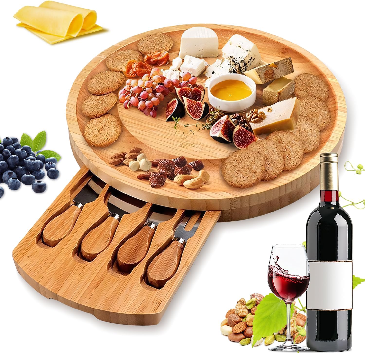 QILAY Cheese Board Gift Set, Bamboo Cheese Board (34x28x1.5cm), Set of 4 Cheese Knives, Unique Gift for Housewarming, Wedding Gift for Couple, Birthday Gift