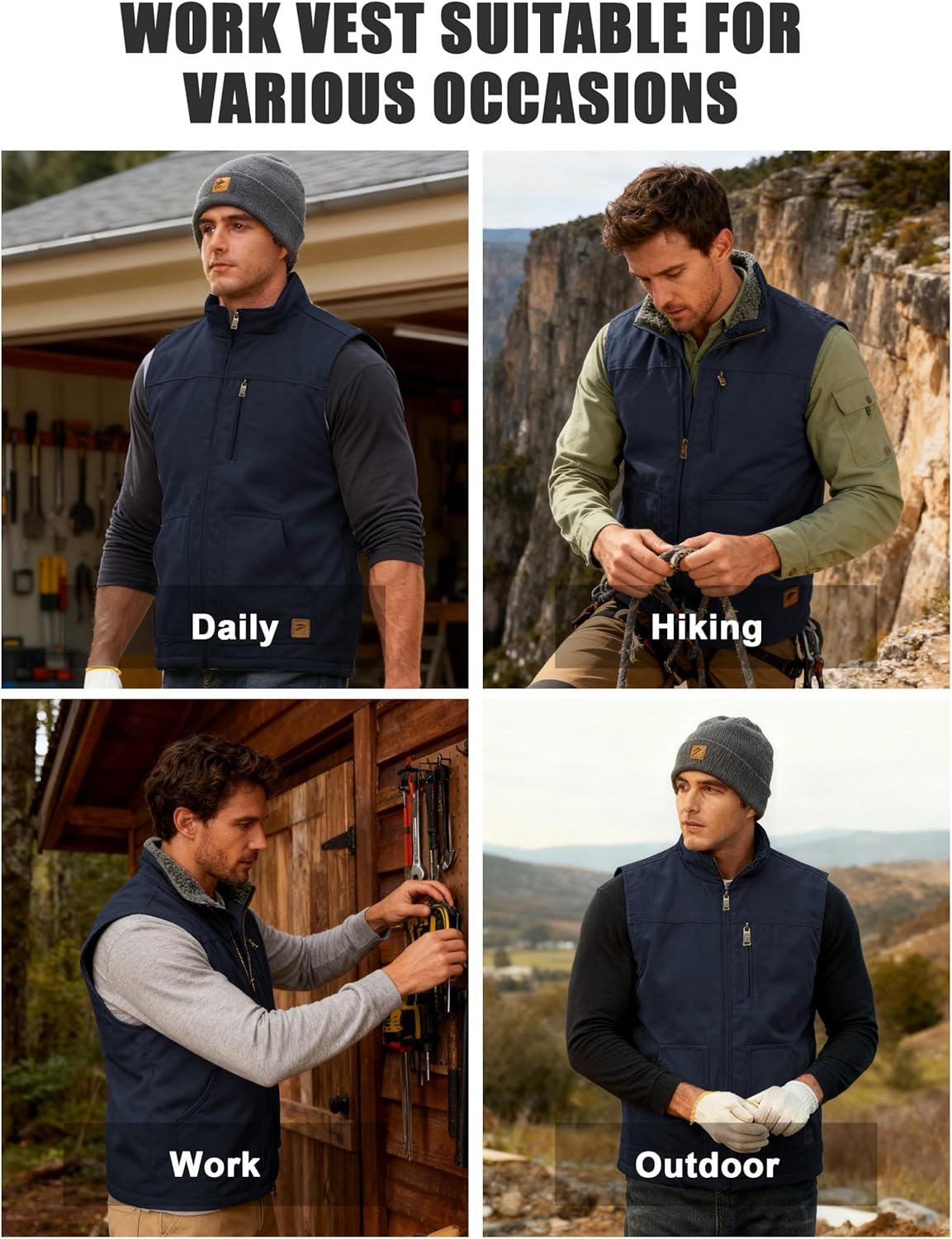 Cotrasen Men's Vest Cotton Work Vest Sherpa Lined Casual Outerwear Fleece Warm Sleeveless Jackets - Image 5