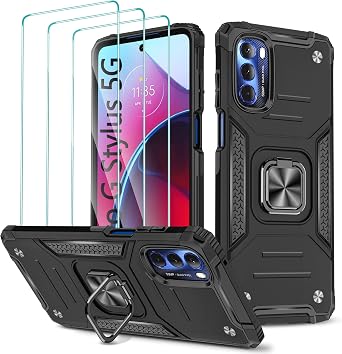 Moto G Stylus 5G 2022 Case With 3 Pcs Tempered Glass Screen Protector, Built-in Magnetic Ring Kickstand, Military-Grade Hard PC TPU Hybrid Shockproof Armor - Black