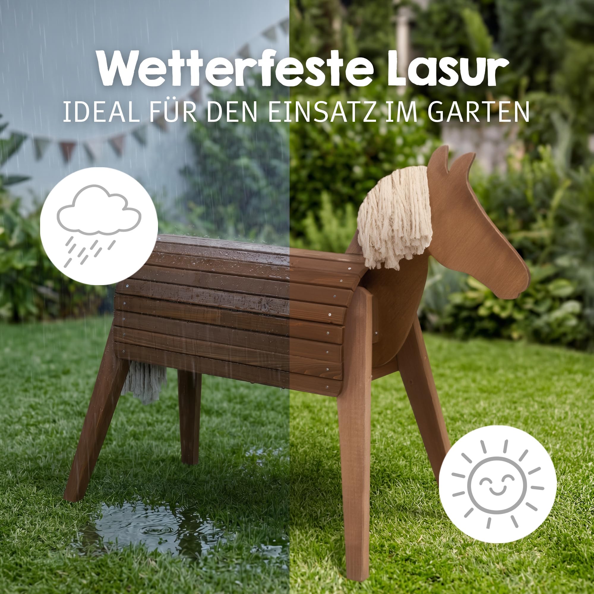 roba Cheval d’extérieur en bois massif - Cheval en bois résistant aux intempéries pour le jardin - Cheval de voltige pour monter, grimper et faire de la gymnastique - En bois durable - Lasuré teck | Jouet en bois durable
