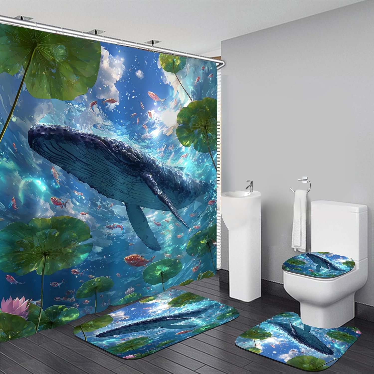 Yizheer Yddsky 4PCS Ocean Whale Shower Curtain Sets for Bathroom,72x72 Inch image 5