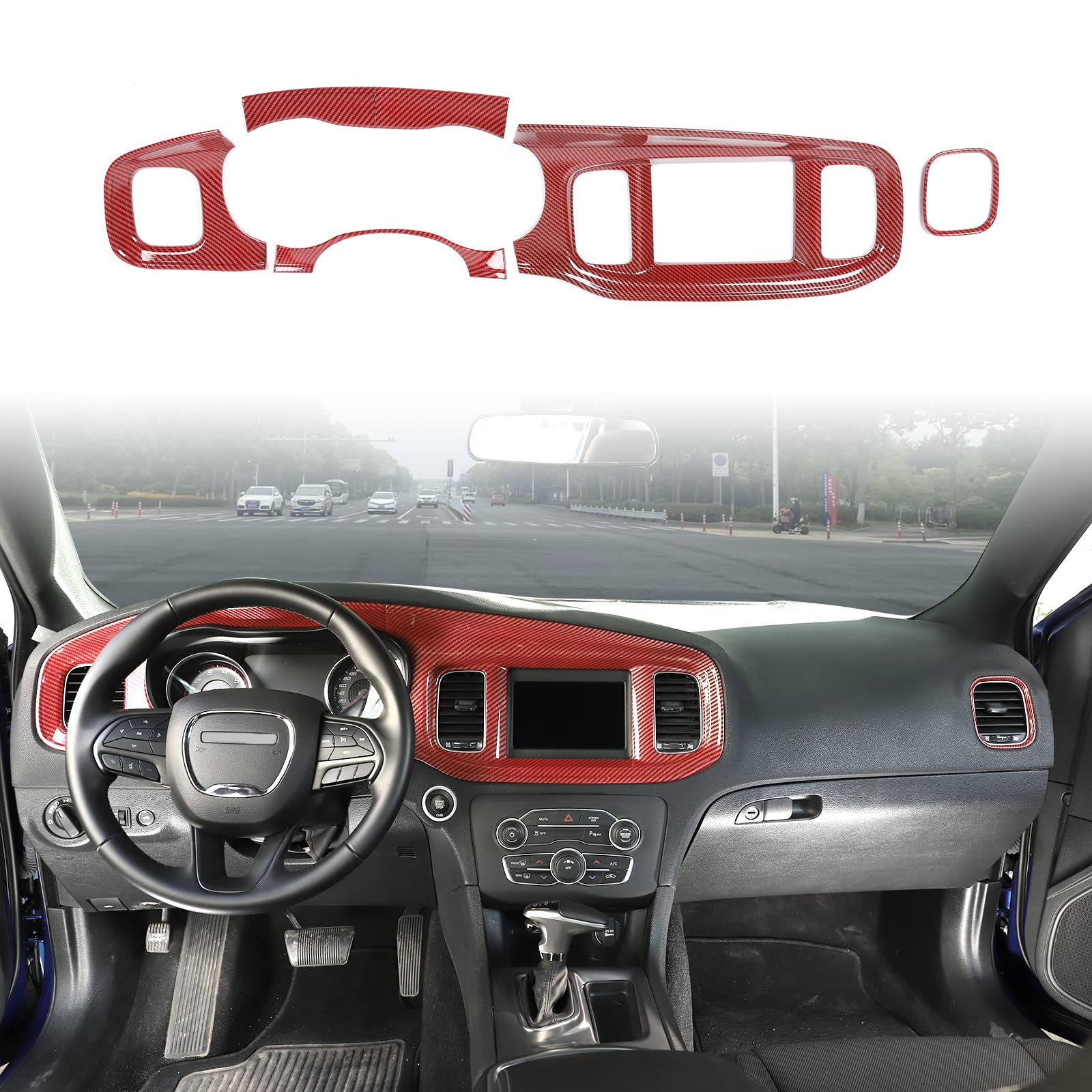 JWWY for Charger Center Consoles Dash Board Dashboard Instrument Gauge Cluster Dash Fascia Trim Panel Garnish Bezel for 2015-2024+ Dodge Charger Interior Accessories Red Carbon Fiber