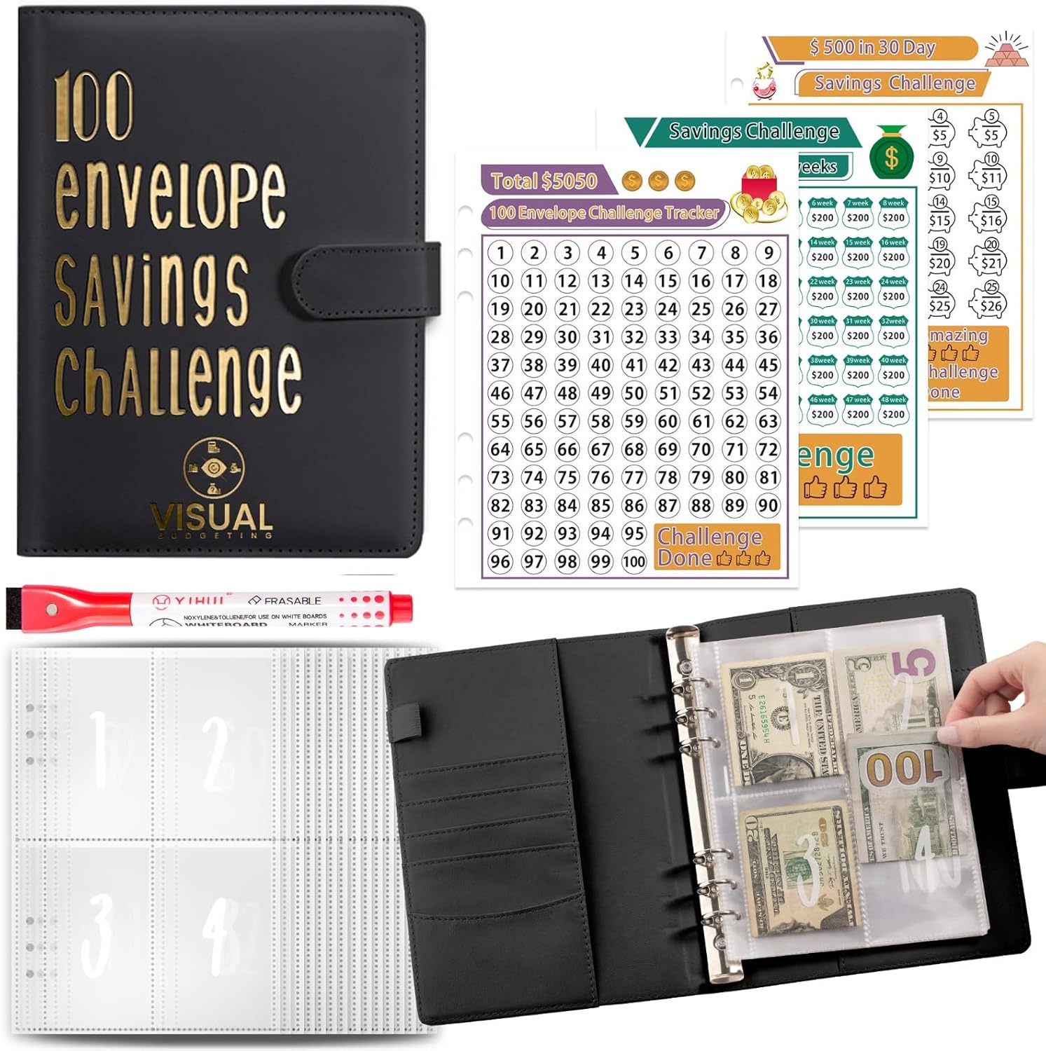 100 Envelopes Money Saving Challenge,Challenge Binder, Easy and Fun Way to Save $5,050, Challenges Budget Book Binder with Cash Envelopes(Black or White) Libro de ahorros Negro o Blanco (Black)