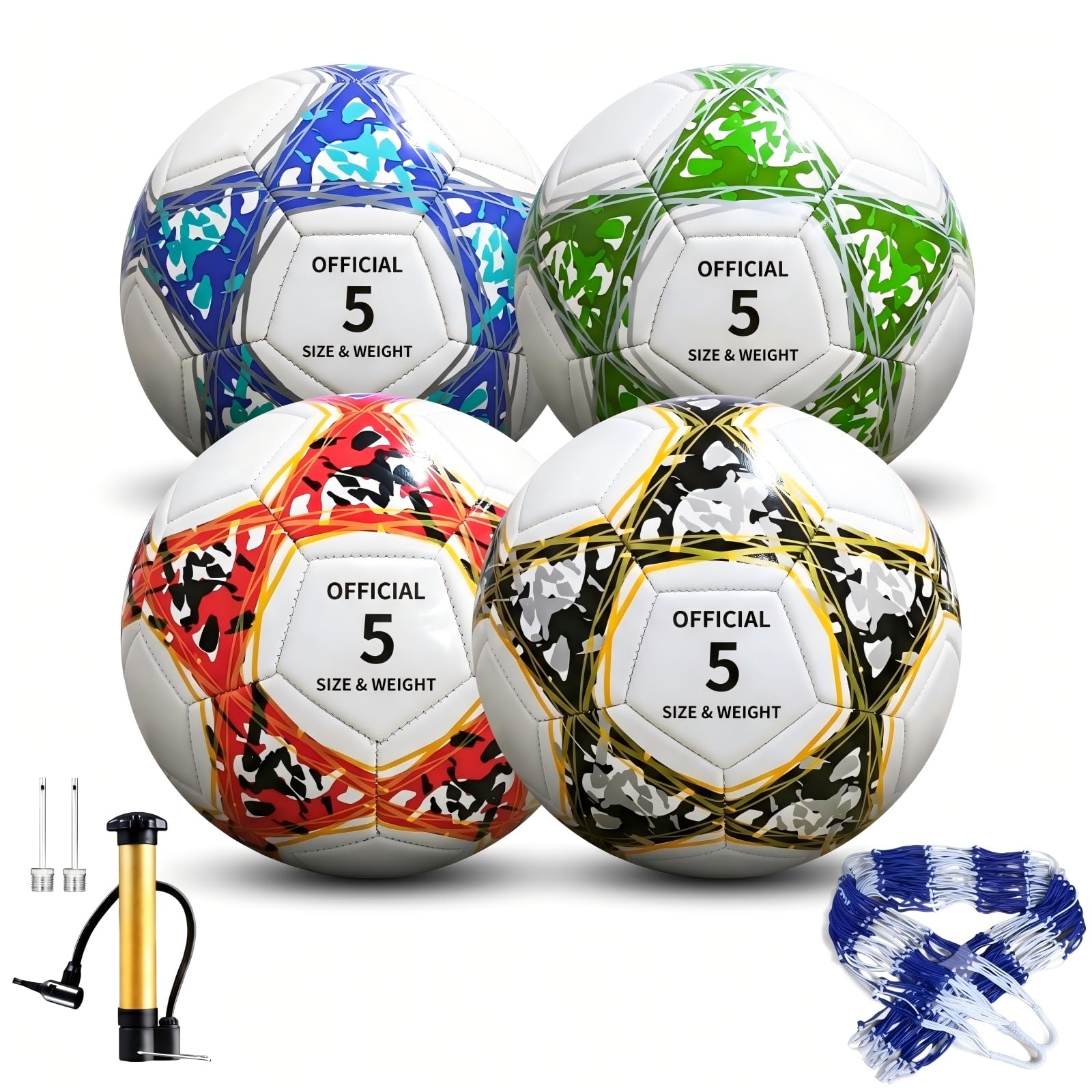 TXONKEXU 4-Pack Footballs Size 5/4/3 for Training & Matches – Official Size Lightweight Soccer Balls Set with Air Pump & Carry Net, Ideal for Youth, Adults, Schools & Clubs (Multicolor, Size 5)