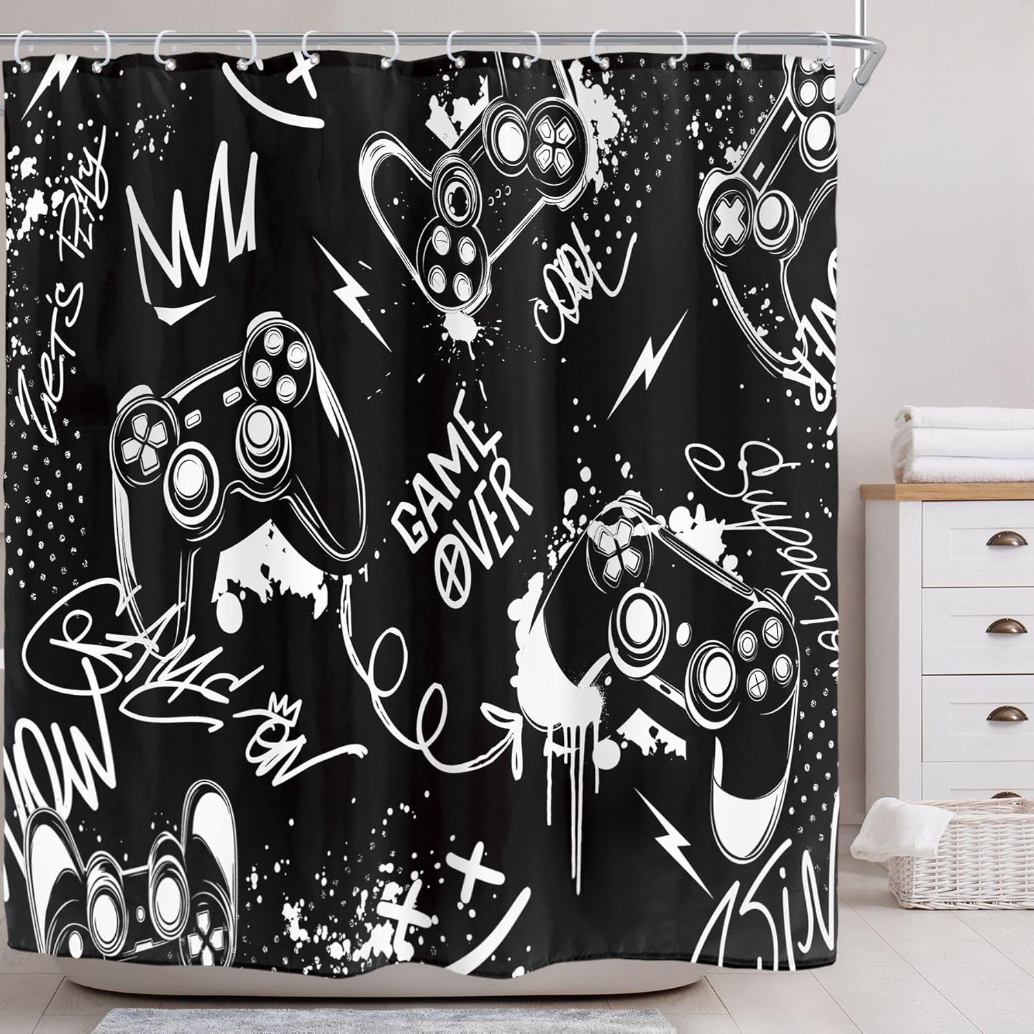Riyidecor Black White Kids Boys Gamer Shower Curtain for Bathroom Decor 72Wx72H Teens Video Game Graffiti Gamepad Gaming Controller Cool Art Printed Fabric Polyester Waterproof 12 Pack Plastic Hooks
