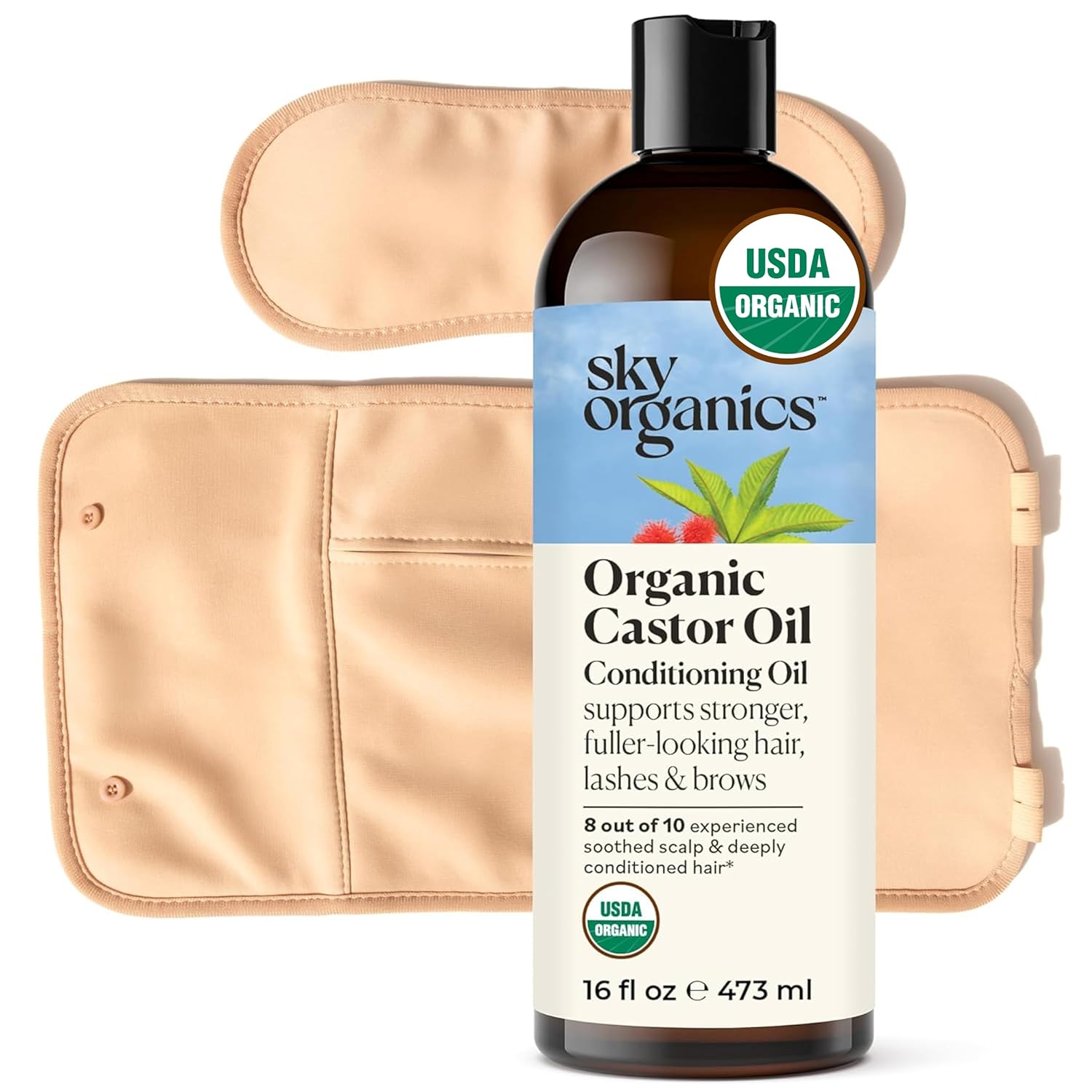 Sky Organics 16oz Castor Oil w/Wraps | Reusable Organic Castor Oil Pack to Boost Body’s Wellness, Encourage Rest & Relaxation | Adjustable Elastic Straps Cotton Durable Easy to Use