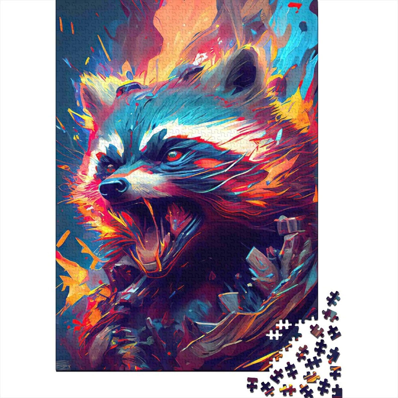 Raccoon Colorful Flame Art 1000 Piece Jigsaw Puzzle Adult Paper Decor Focus
