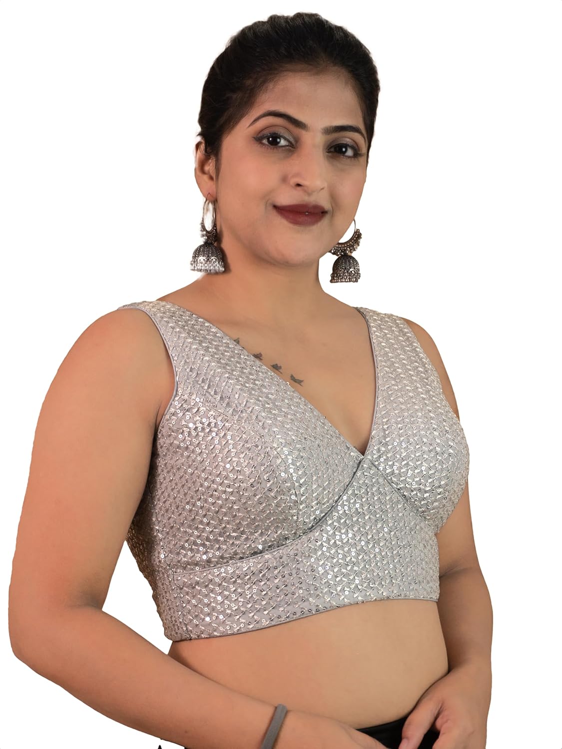 FIGURE'S DESIGNER Women's Sequin Embroidered Premium Net Fabric Sleeveless V Neck Sabyasachi Cut Readymade Saree Blouse E20